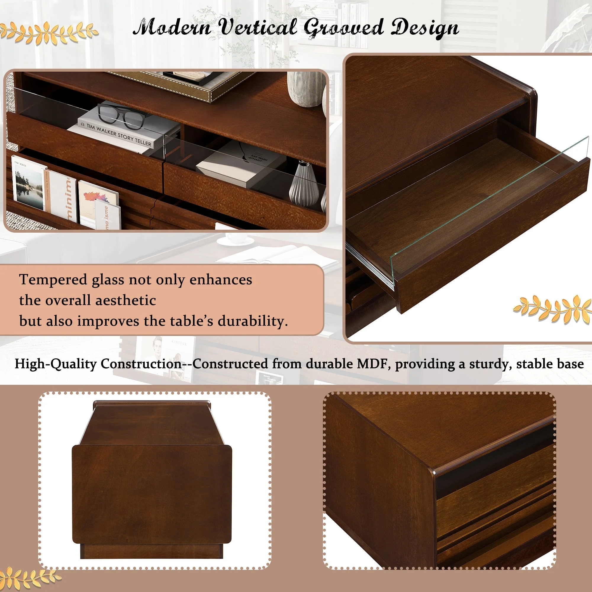 Modern Rectangle Coffee Table with 4 Drawers and 2 Display Shelves - Image 8