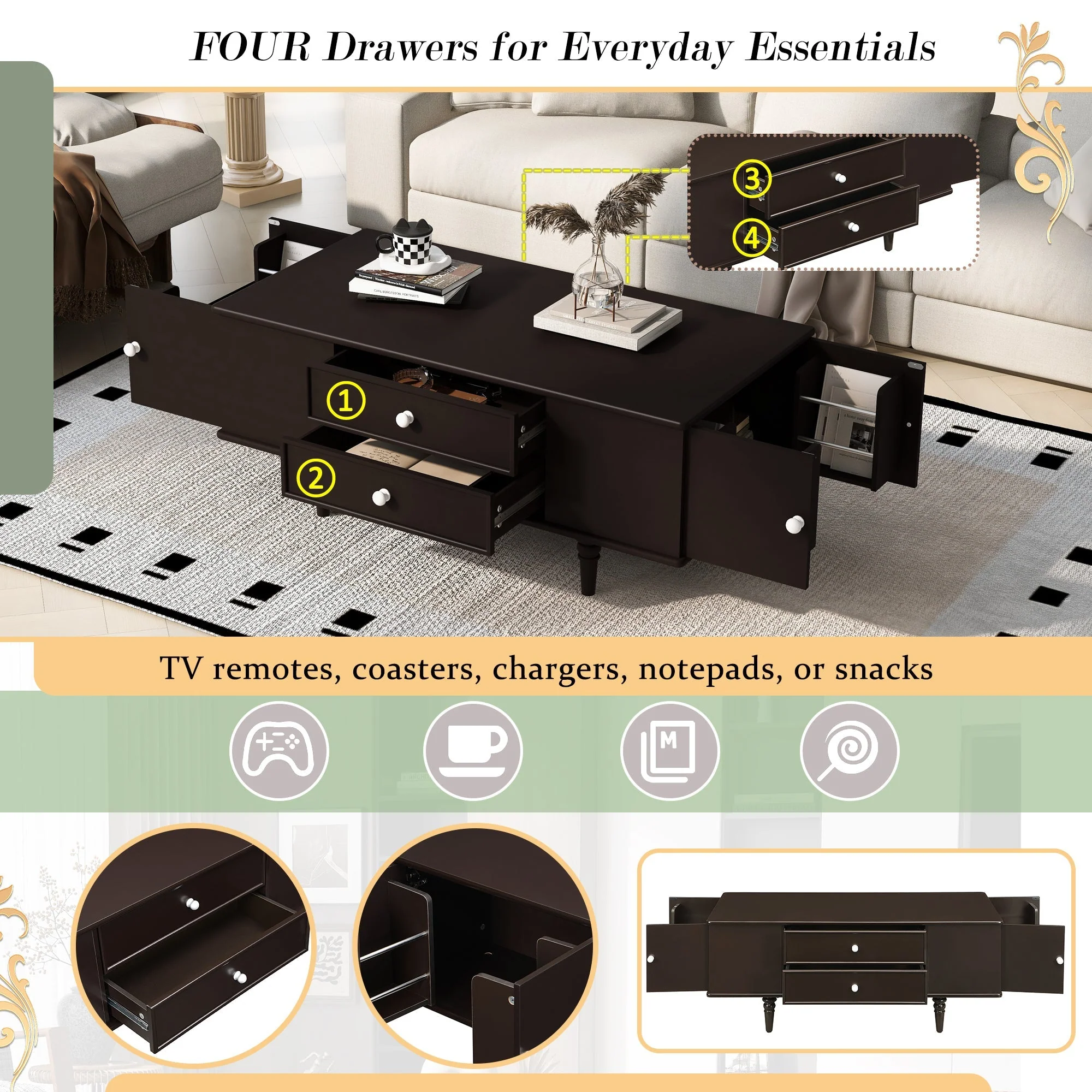 Modern Rectangle Coffee Table with Four Drawers - Image 5