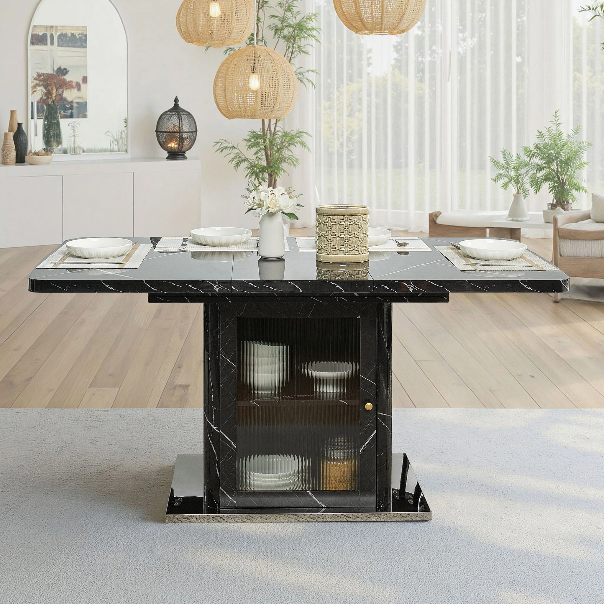 Modern Rectangle Dining Table With Stretchable Top, Storage Cabinet - Image 5