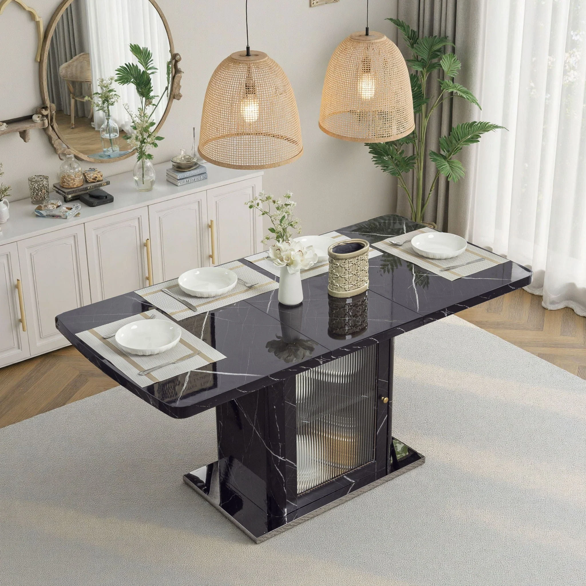 Modern Rectangle Dining Table With Stretchable Top, Storage Cabinet - Image 7