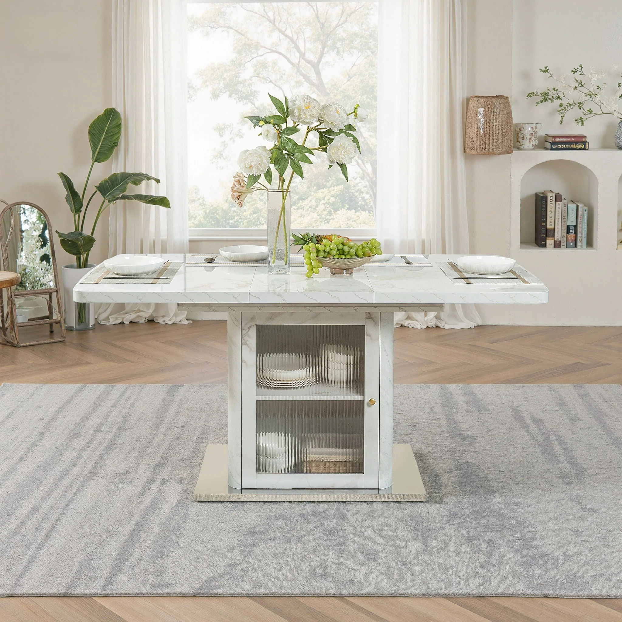 Modern Rectangle Dining Table With Stretchable Top, Storage Cabinet - Image 8