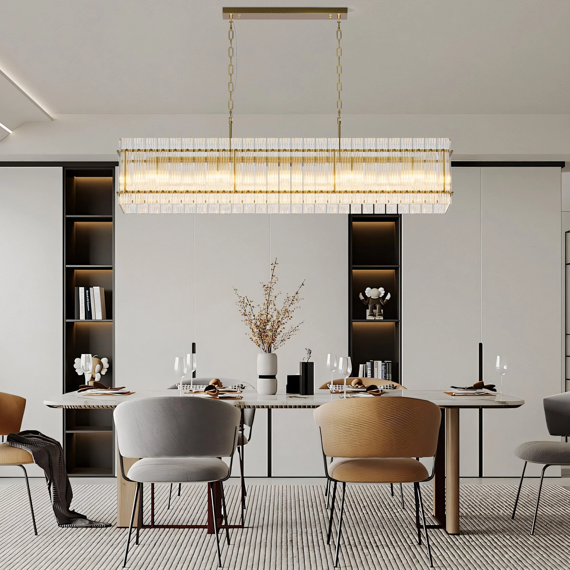 Modern Rectangular Crystal Glass Chandelier, 10-Lights Glod Chandelier Lighting Contemporary Pendant Ceiling Light Fixture for Dining Room Living Room Kitchen Island