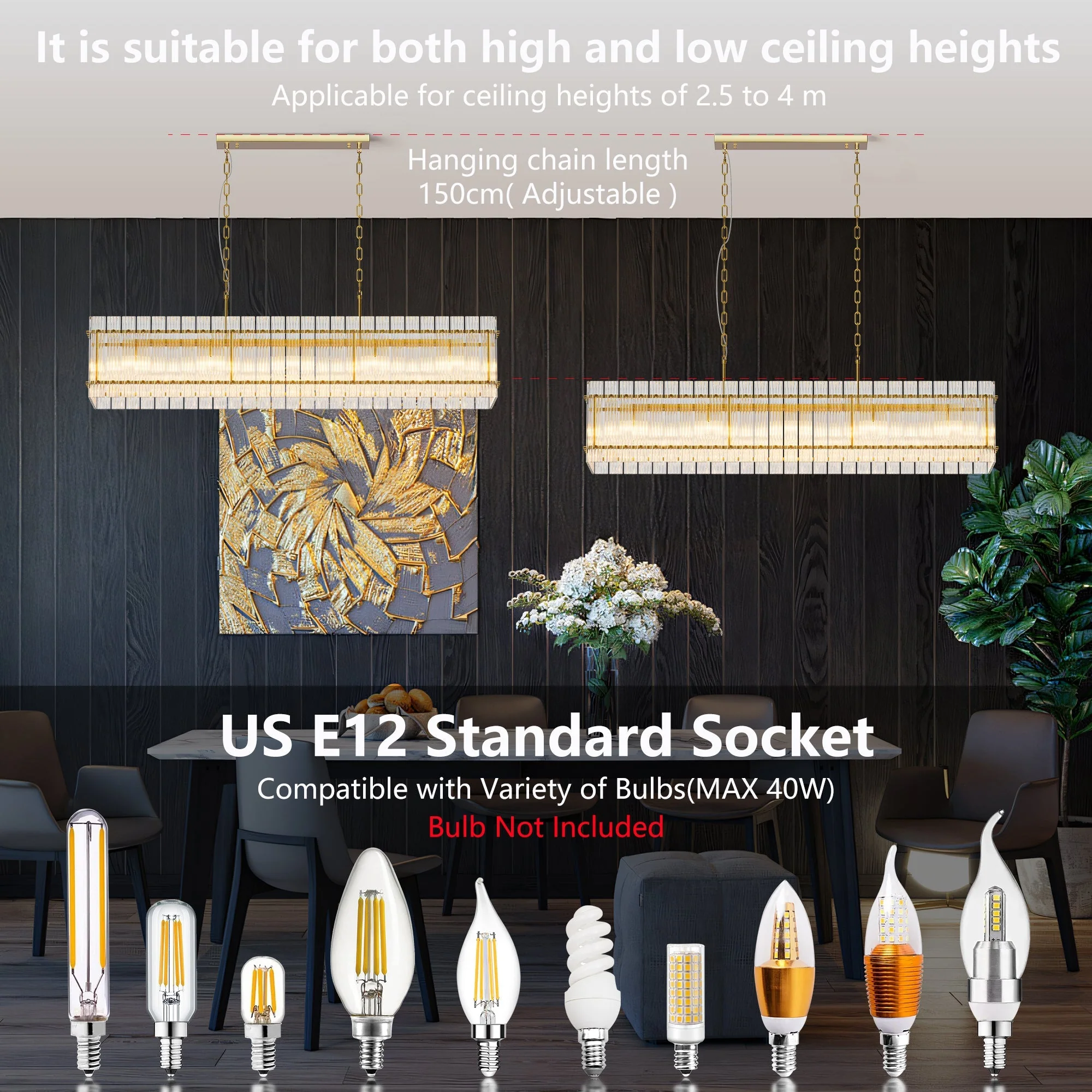 Modern Rectangular Crystal Glass Chandelier, 10-Lights Glod Chandelier Lighting Contemporary Pendant Ceiling Light Fixture for Dining Room Living Room Kitchen Island - Image 4