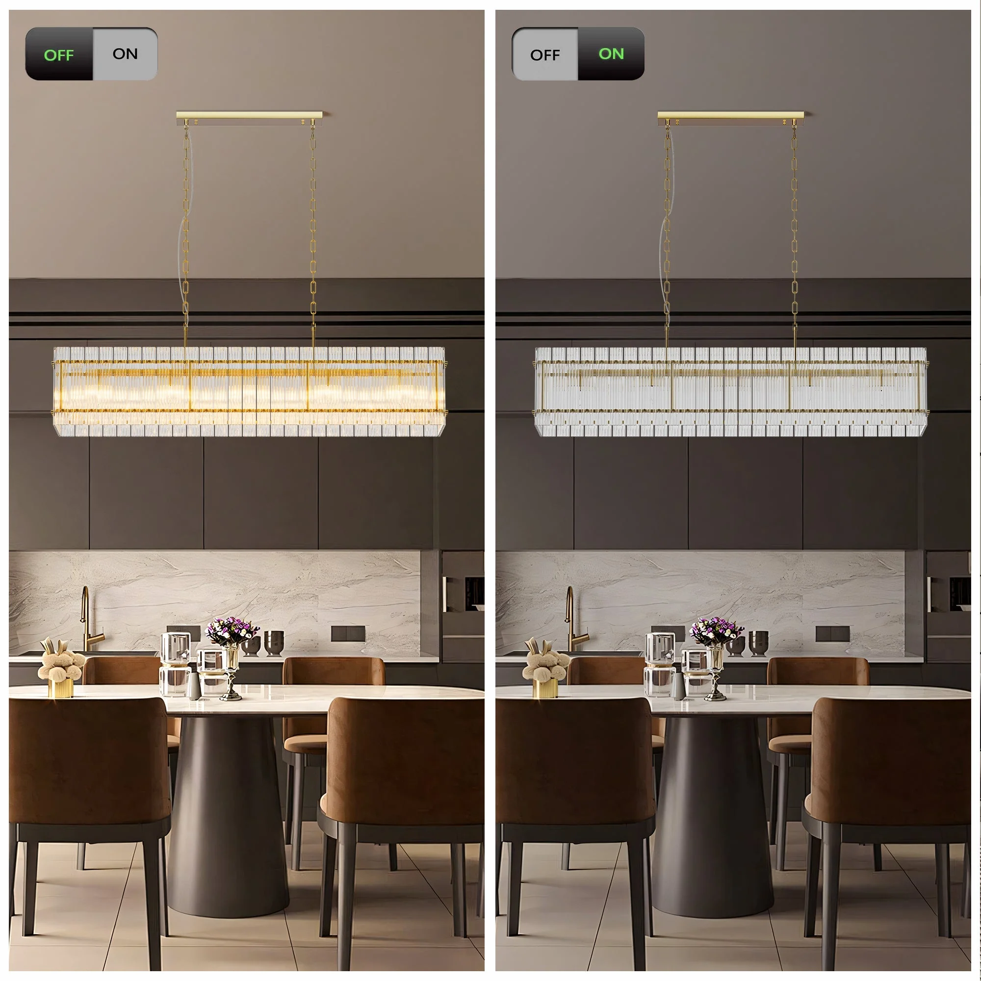 Modern Rectangular Crystal Glass Chandelier, 10-Lights Glod Chandelier Lighting Contemporary Pendant Ceiling Light Fixture for Dining Room Living Room Kitchen Island - Image 5