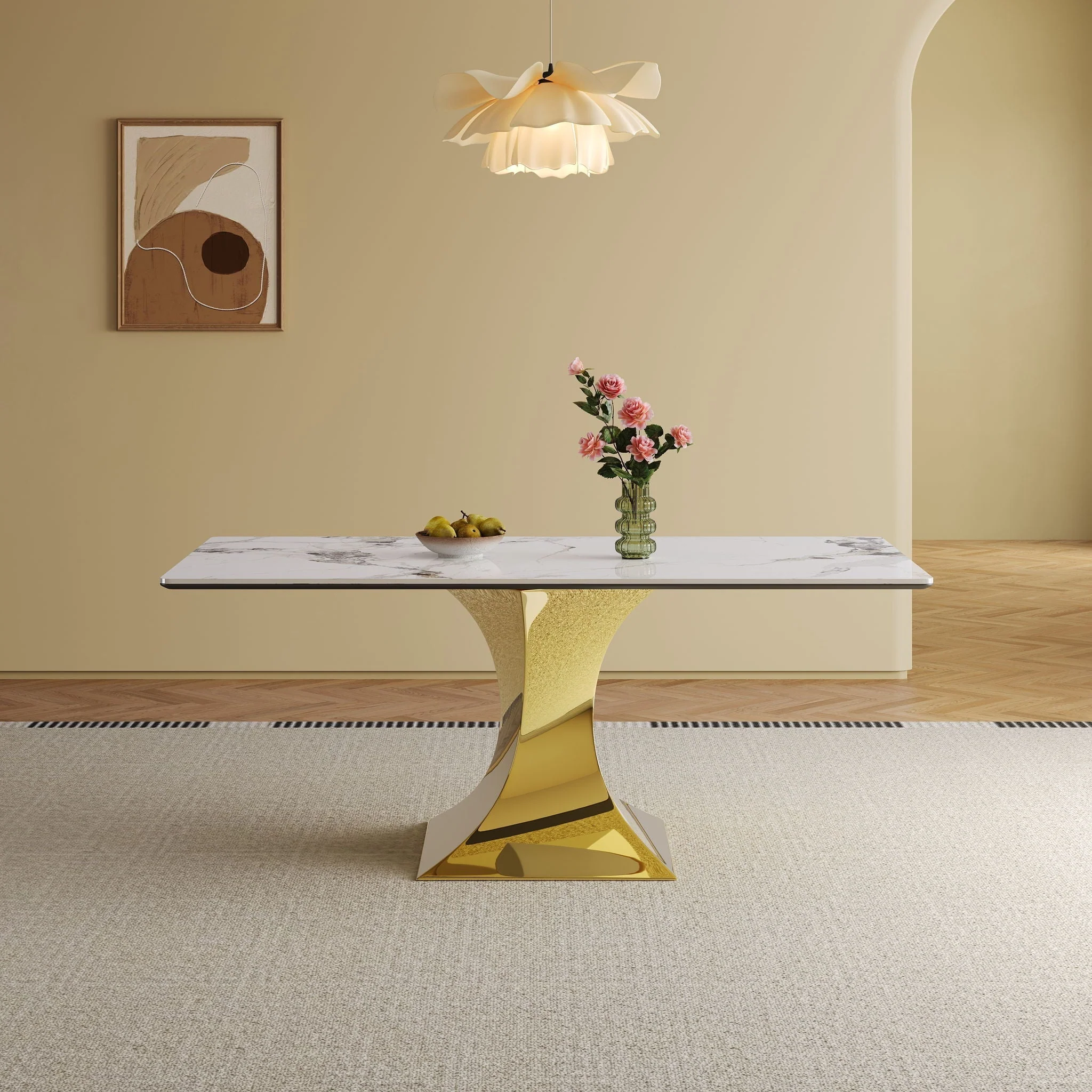Modern Rectangular Dining Table For 6 - 8, Plated Hourglass Base - Image 3