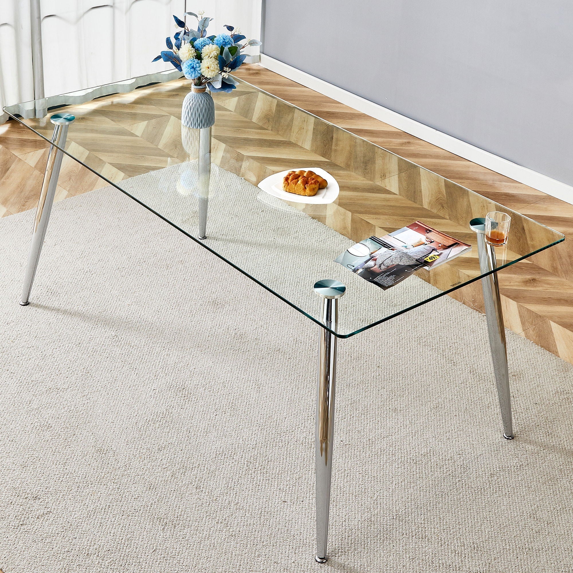 Modern Rectangular Glass Dining Table For 4 - 6 People With Tempered Glass Countertop - Image 3