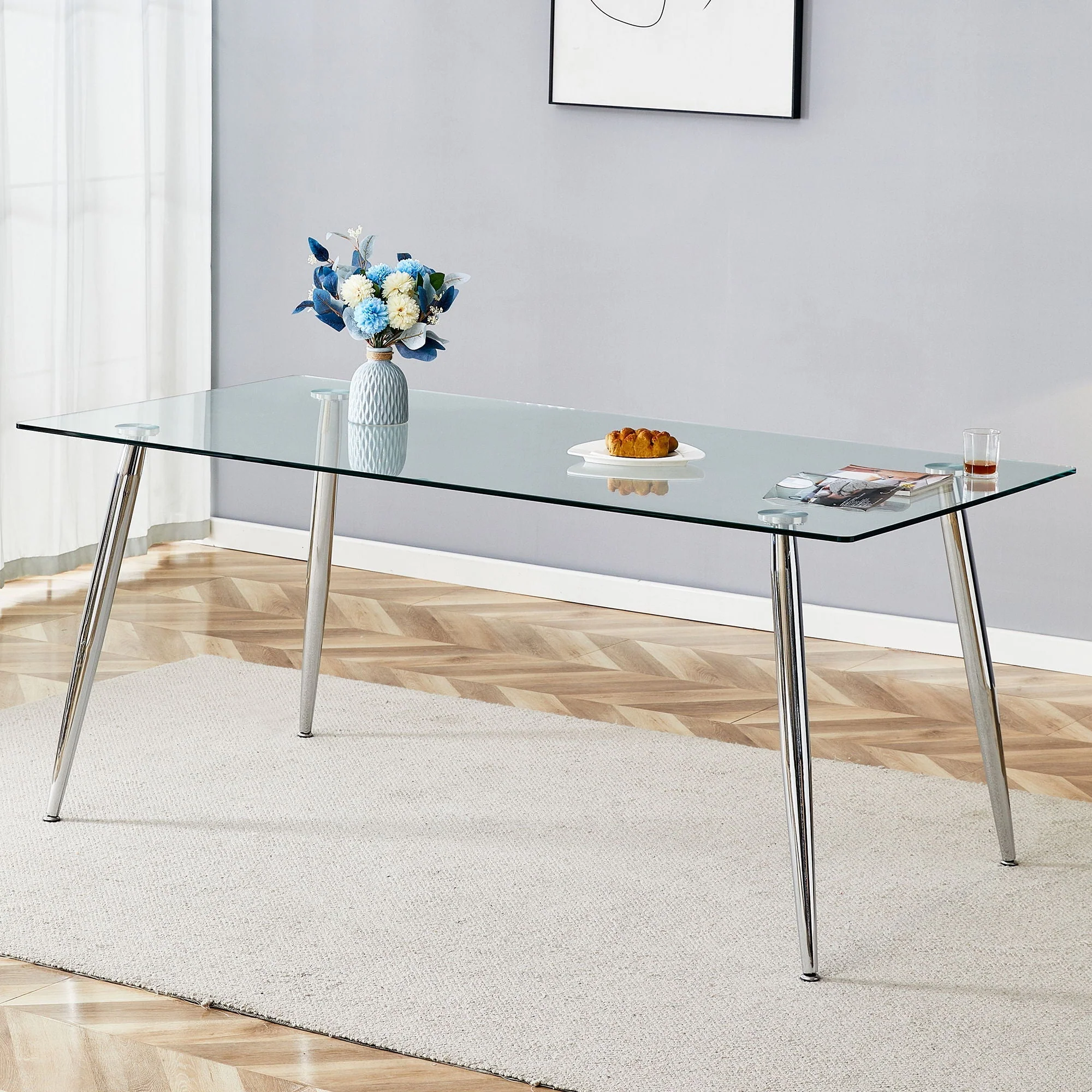 Modern Rectangular Glass Dining Table For 4 - 6 People With Tempered Glass Countertop - Image 4