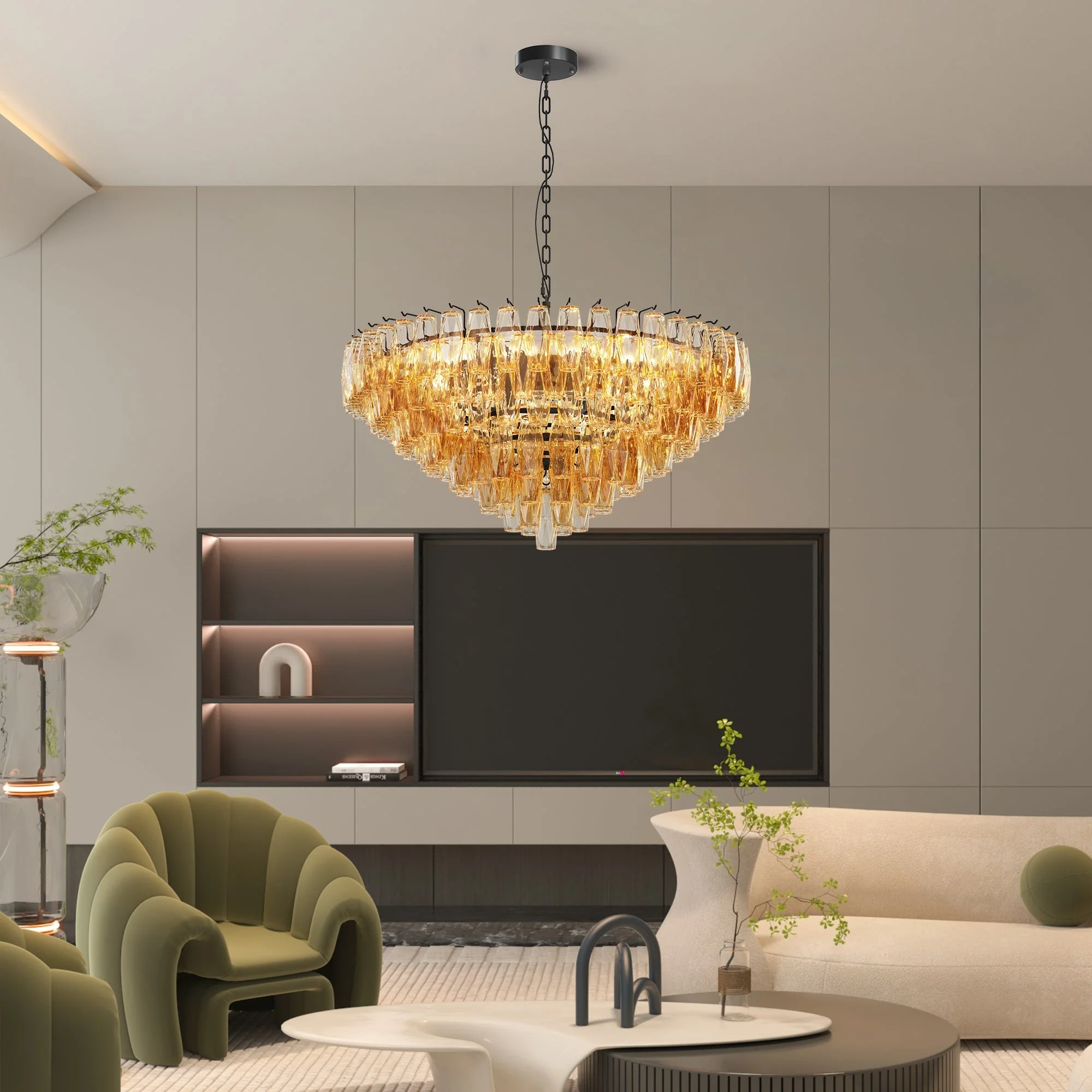 Modern Round 14-Light Black Chandelier with Smoke Glass Tubes - Image 2