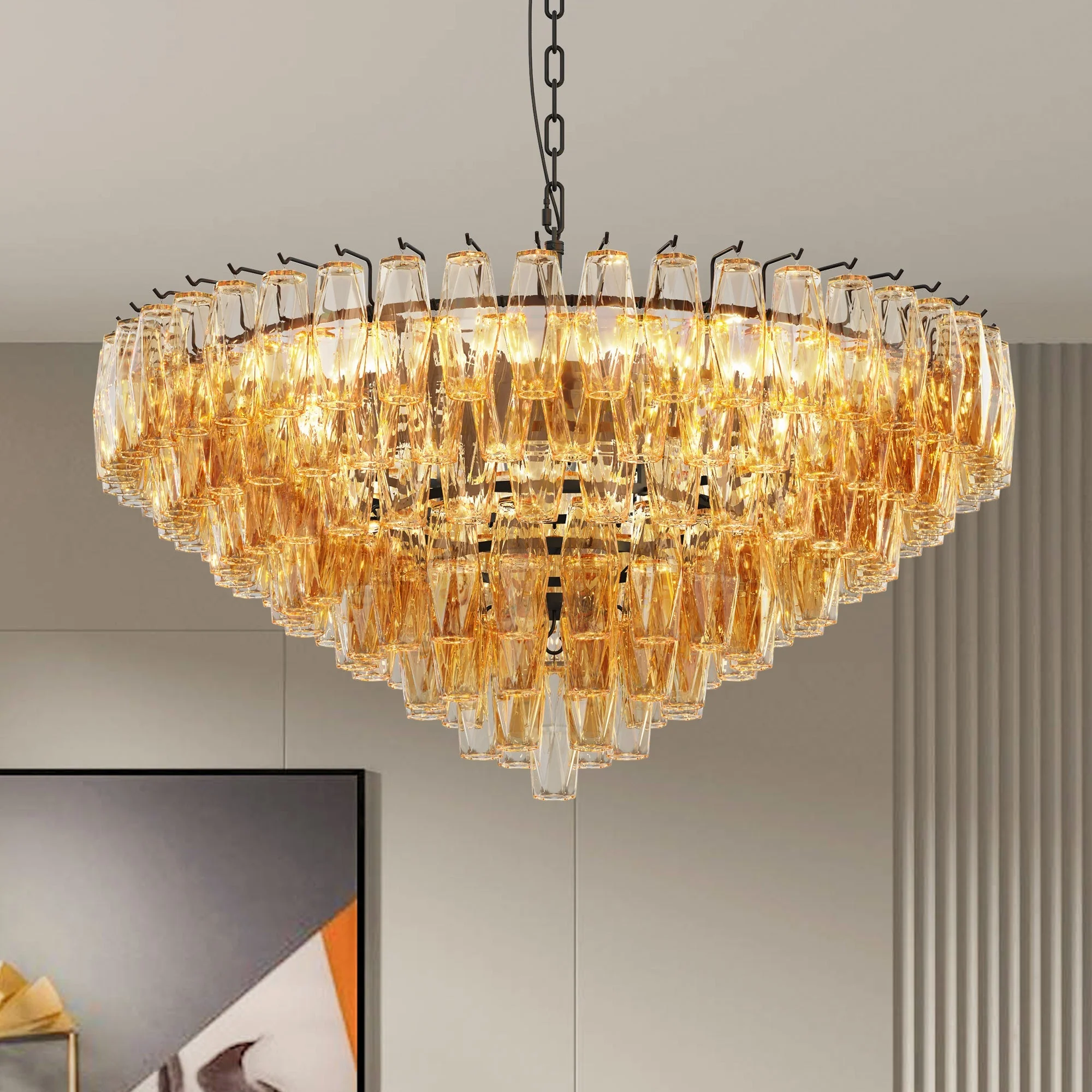 Modern Round 14-Light Black Chandelier with Smoke Glass Tubes - Image 3