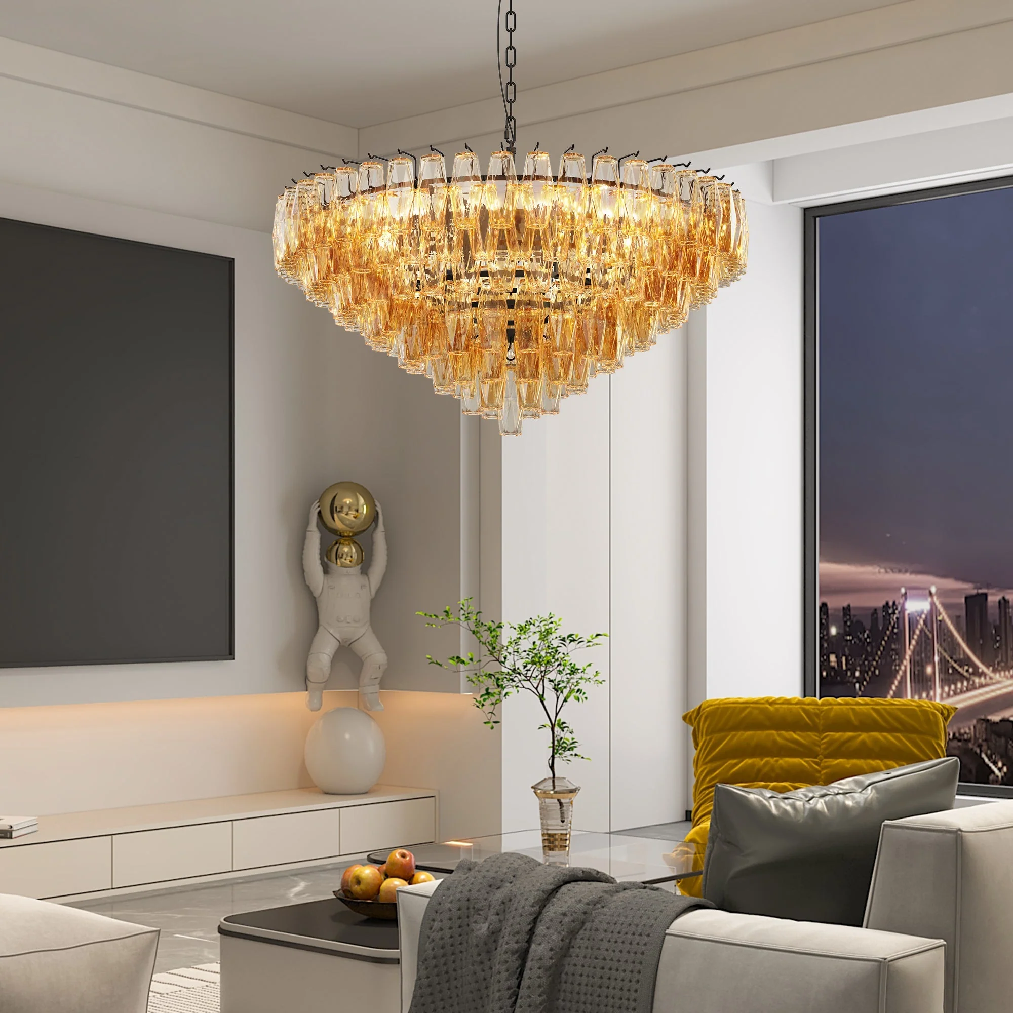 Modern Round 14-Light Black Chandelier with Smoke Glass Tubes - Image 4