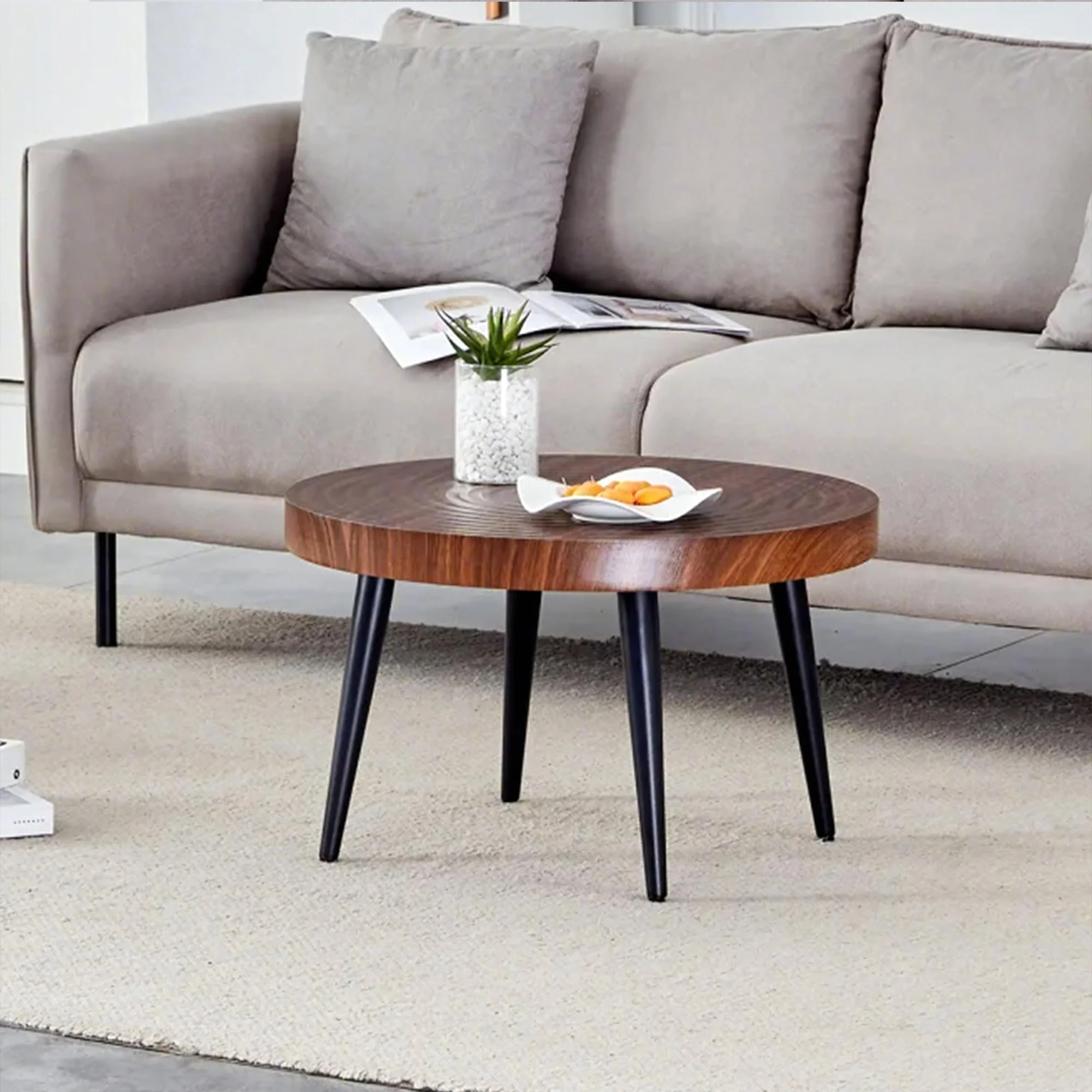 Modern Round Coffee Table - Walnut Pattern MDF And Black Metal Legs - Image 10