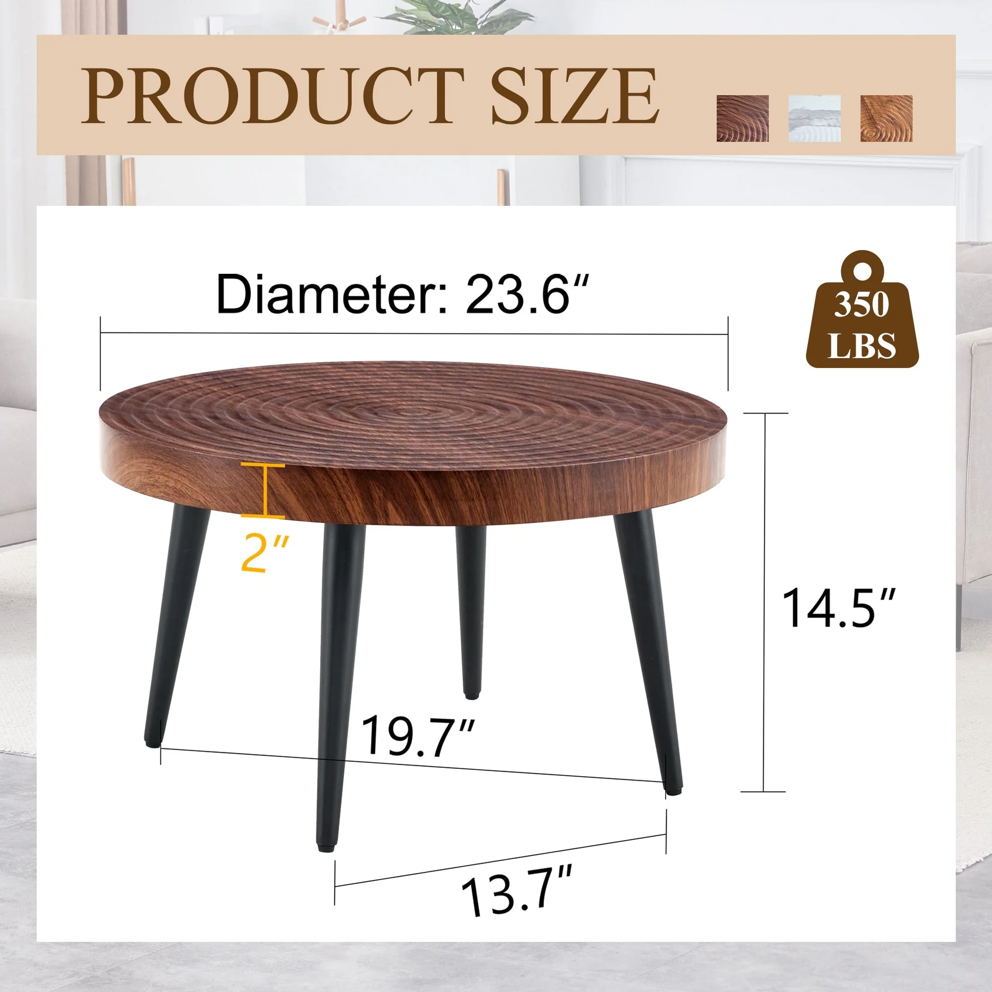 Modern Round Coffee Table - Walnut Pattern MDF And Black Metal Legs - Image 11