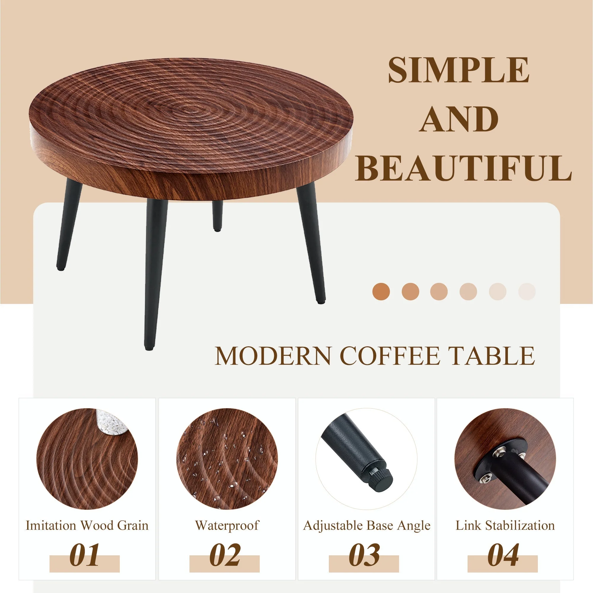 Modern Round Coffee Table - Walnut Pattern MDF And Black Metal Legs - Image 12