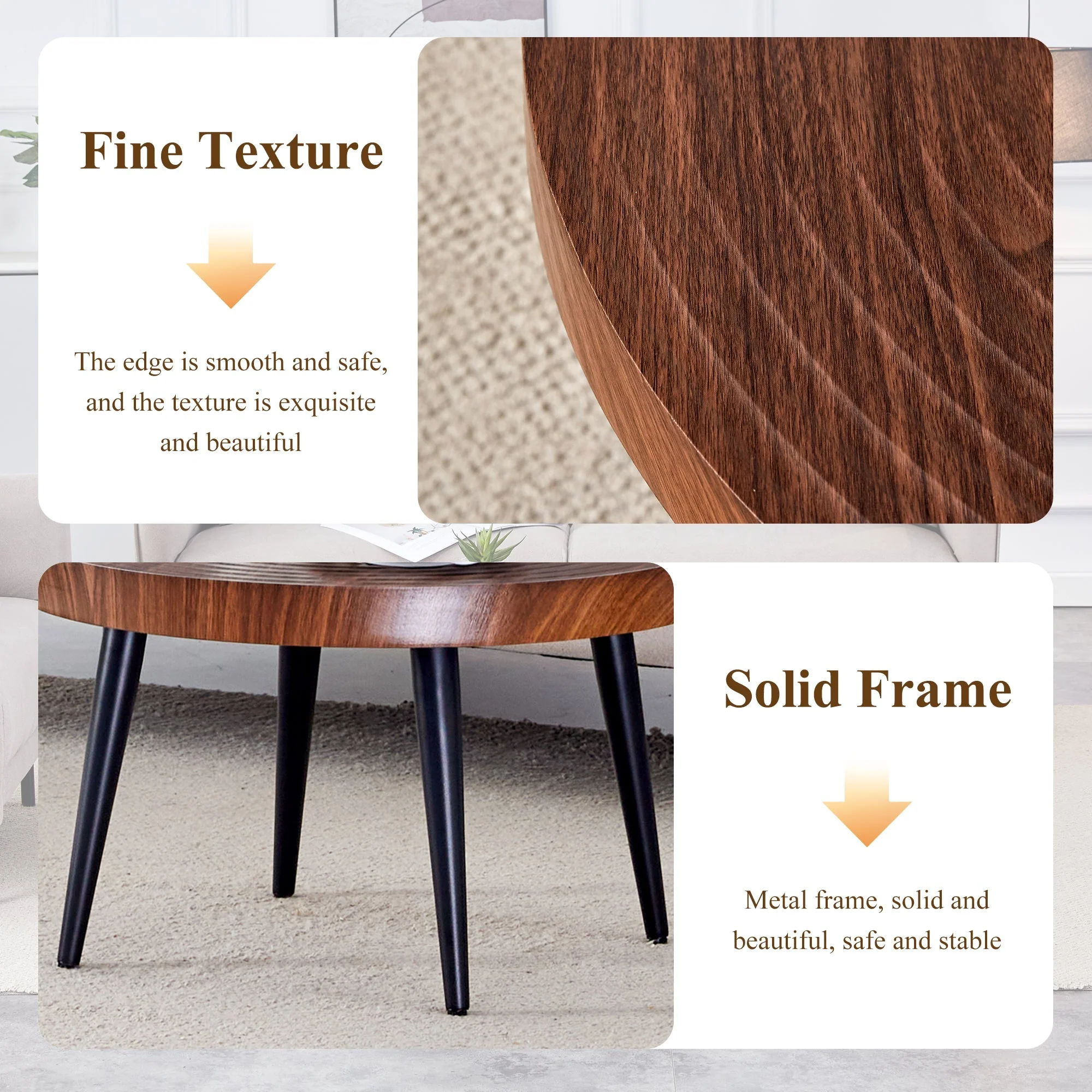 Modern Round Coffee Table - Walnut Pattern MDF And Black Metal Legs - Image 13