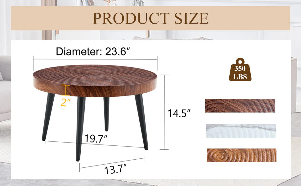 Modern Round Coffee Table - Walnut Pattern MDF And Black Metal Legs - Image 14