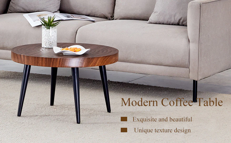 Modern Round Coffee Table - Walnut Pattern MDF And Black Metal Legs - Image 15