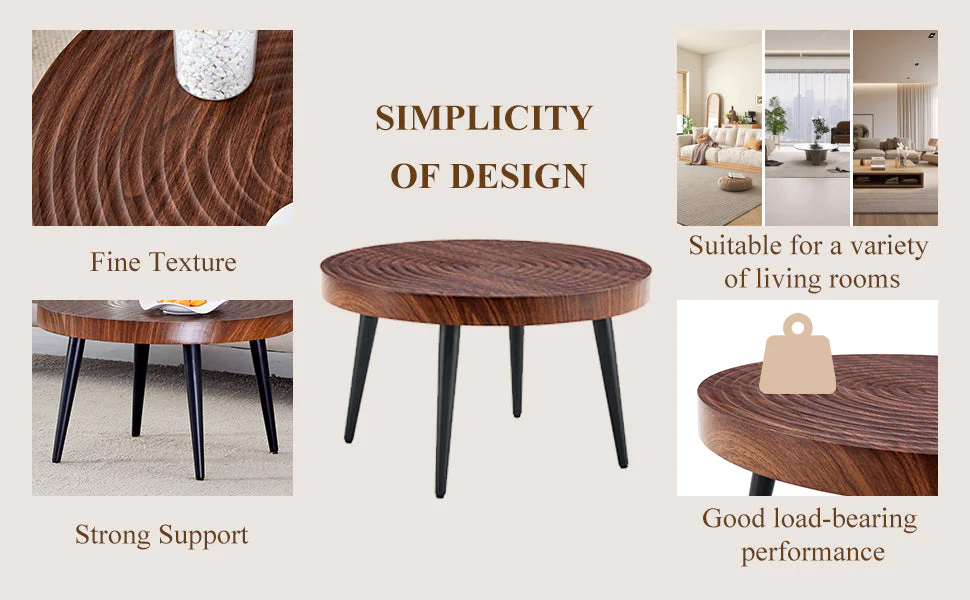 Modern Round Coffee Table - Walnut Pattern MDF And Black Metal Legs - Image 16