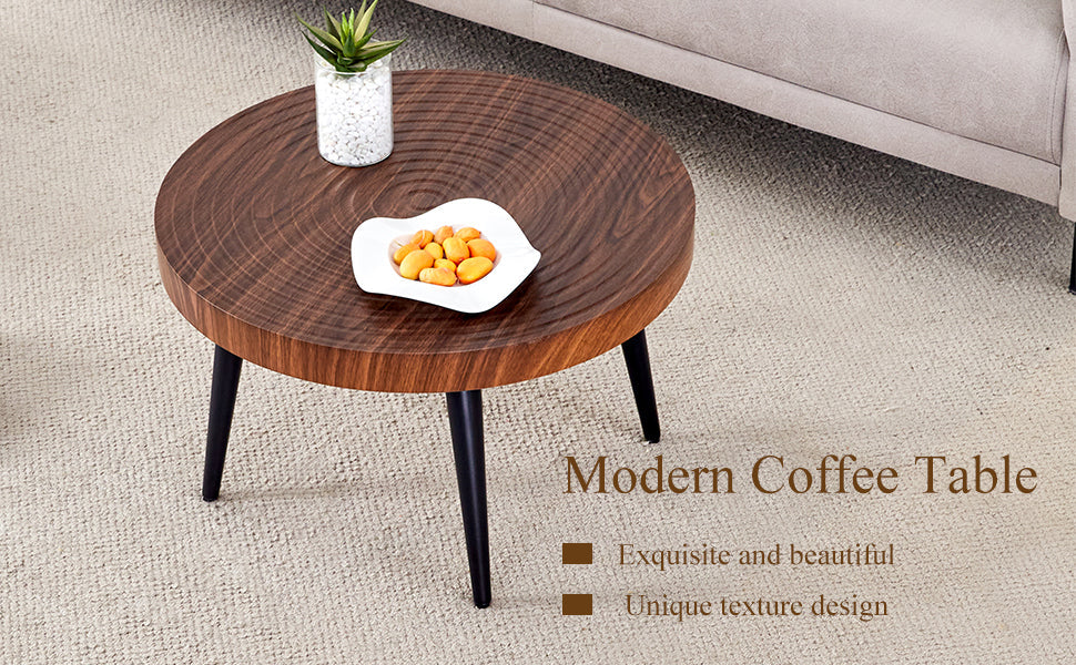 Modern Round Coffee Table - Walnut Pattern MDF And Black Metal Legs - Image 17