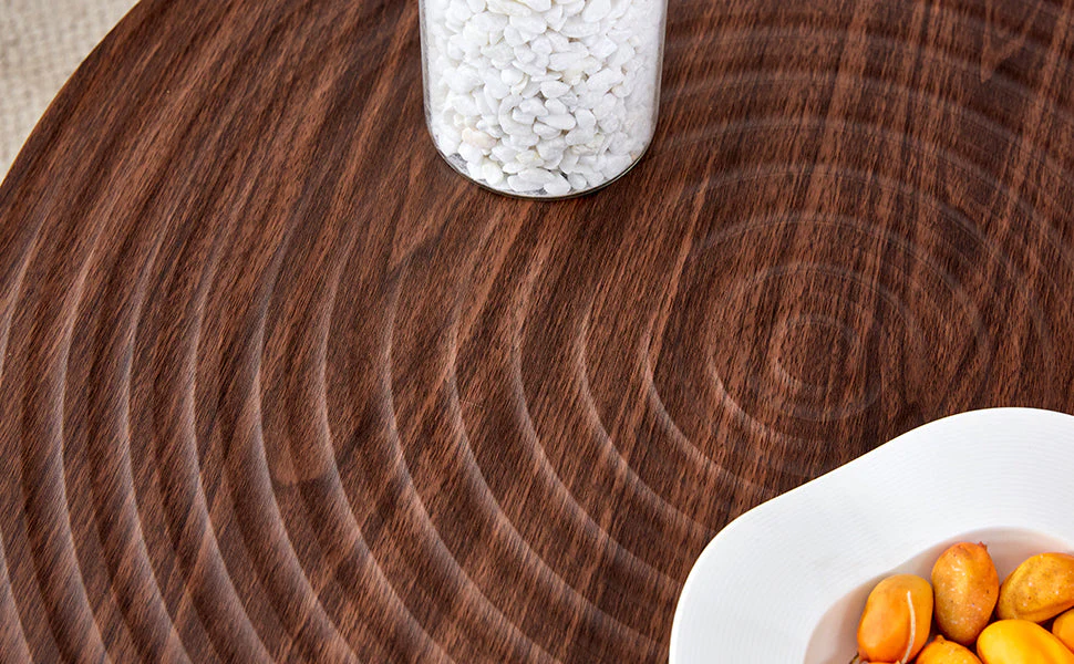 Modern Round Coffee Table - Walnut Pattern MDF And Black Metal Legs - Image 19