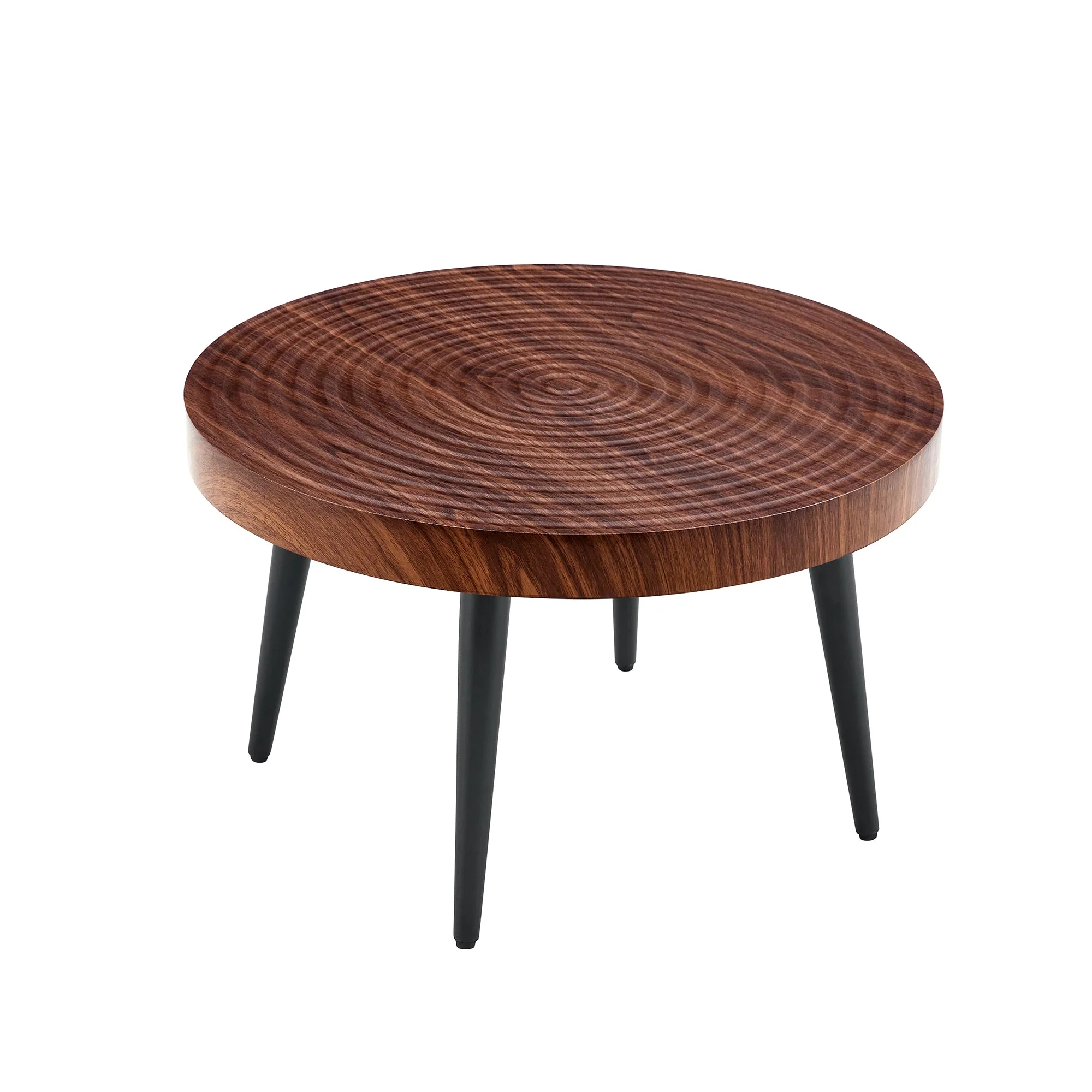 Modern Round Coffee Table - Walnut Pattern MDF And Black Metal Legs - Image 20