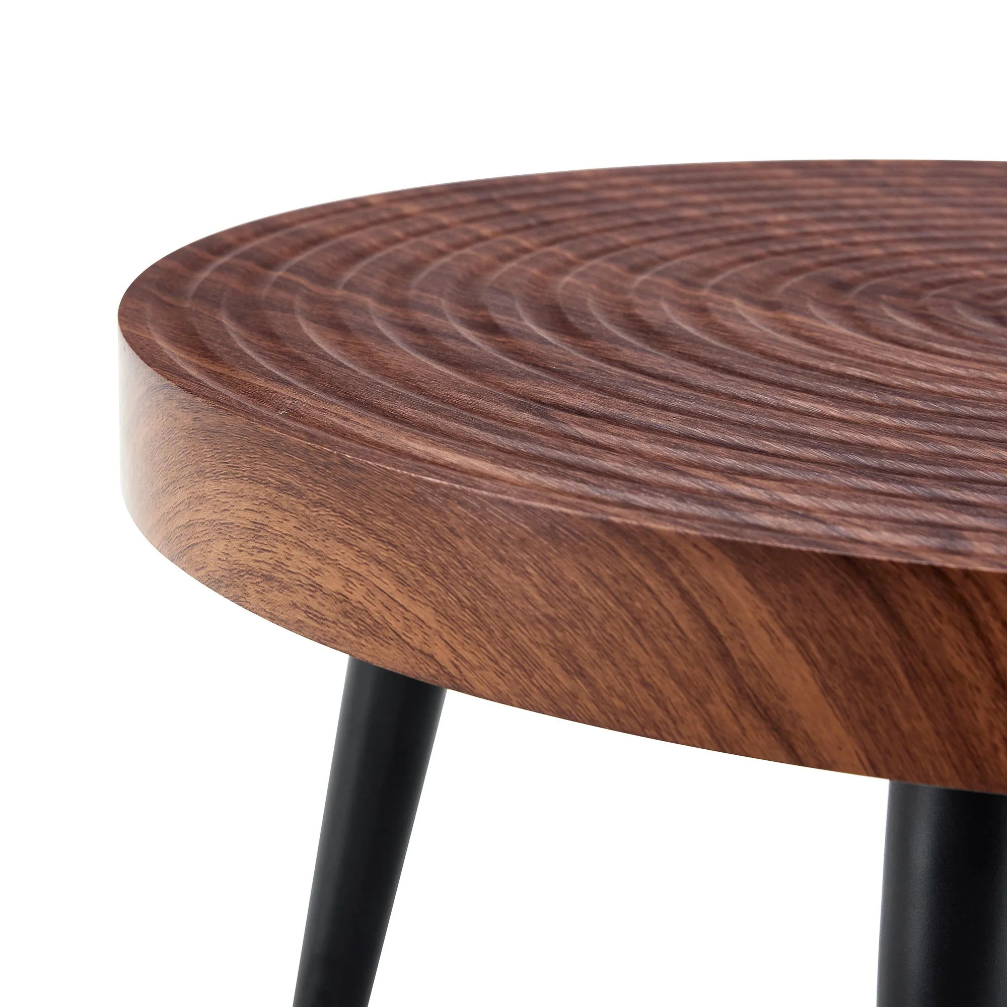 Modern Round Coffee Table - Walnut Pattern MDF And Black Metal Legs - Image 21