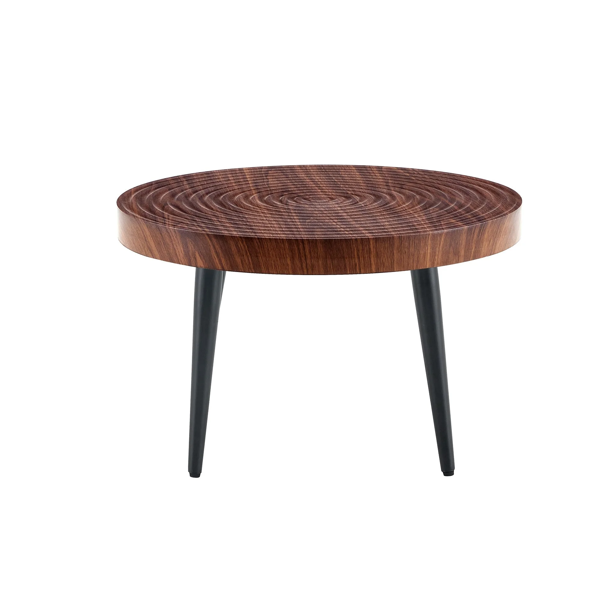 Modern Round Coffee Table - Walnut Pattern MDF And Black Metal Legs - Image 26