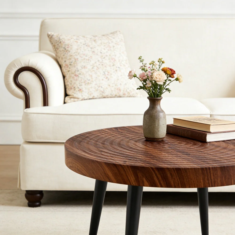 Modern Round Coffee Table - Walnut Pattern MDF And Black Metal Legs - Image 3