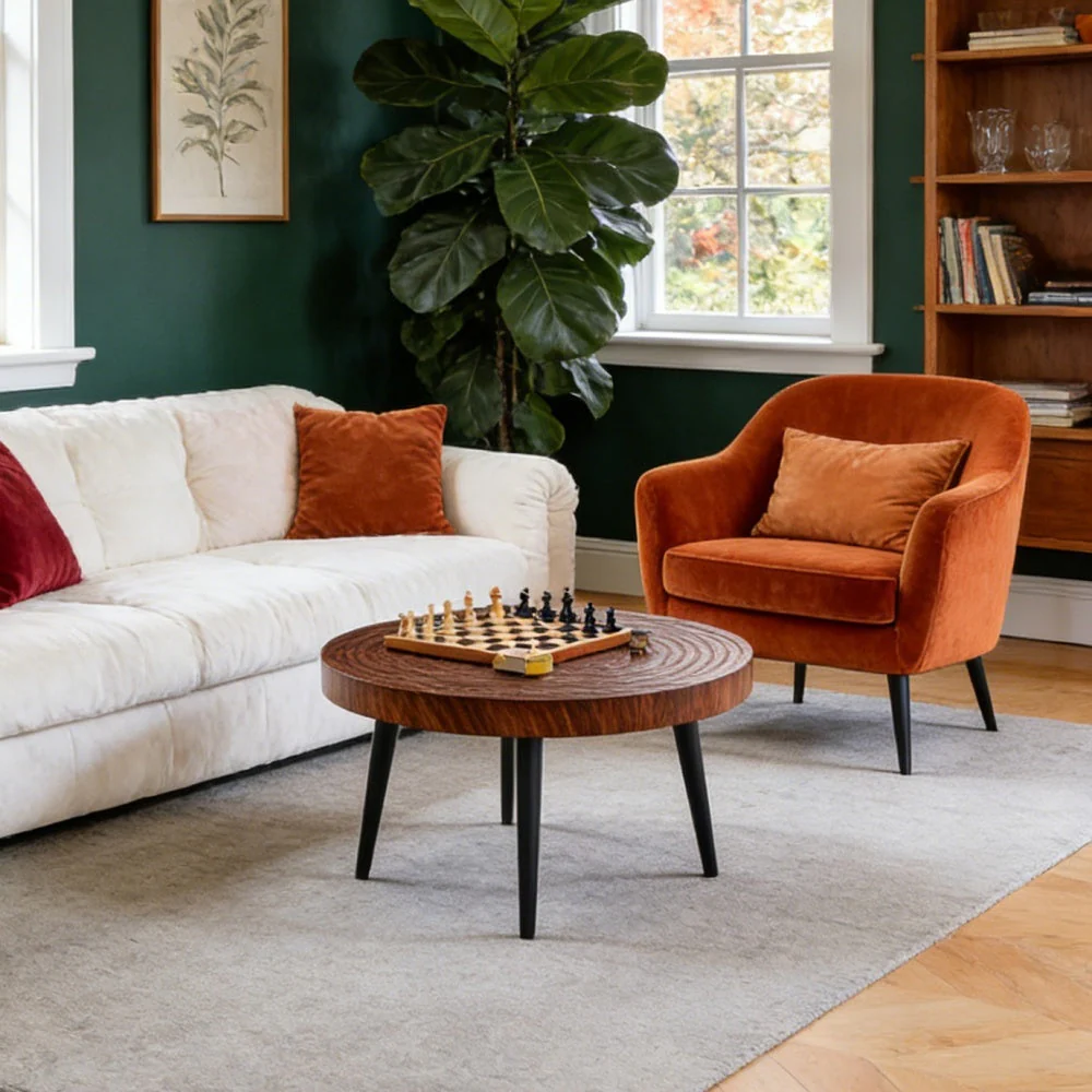 Modern Round Coffee Table - Walnut Pattern MDF And Black Metal Legs - Image 4