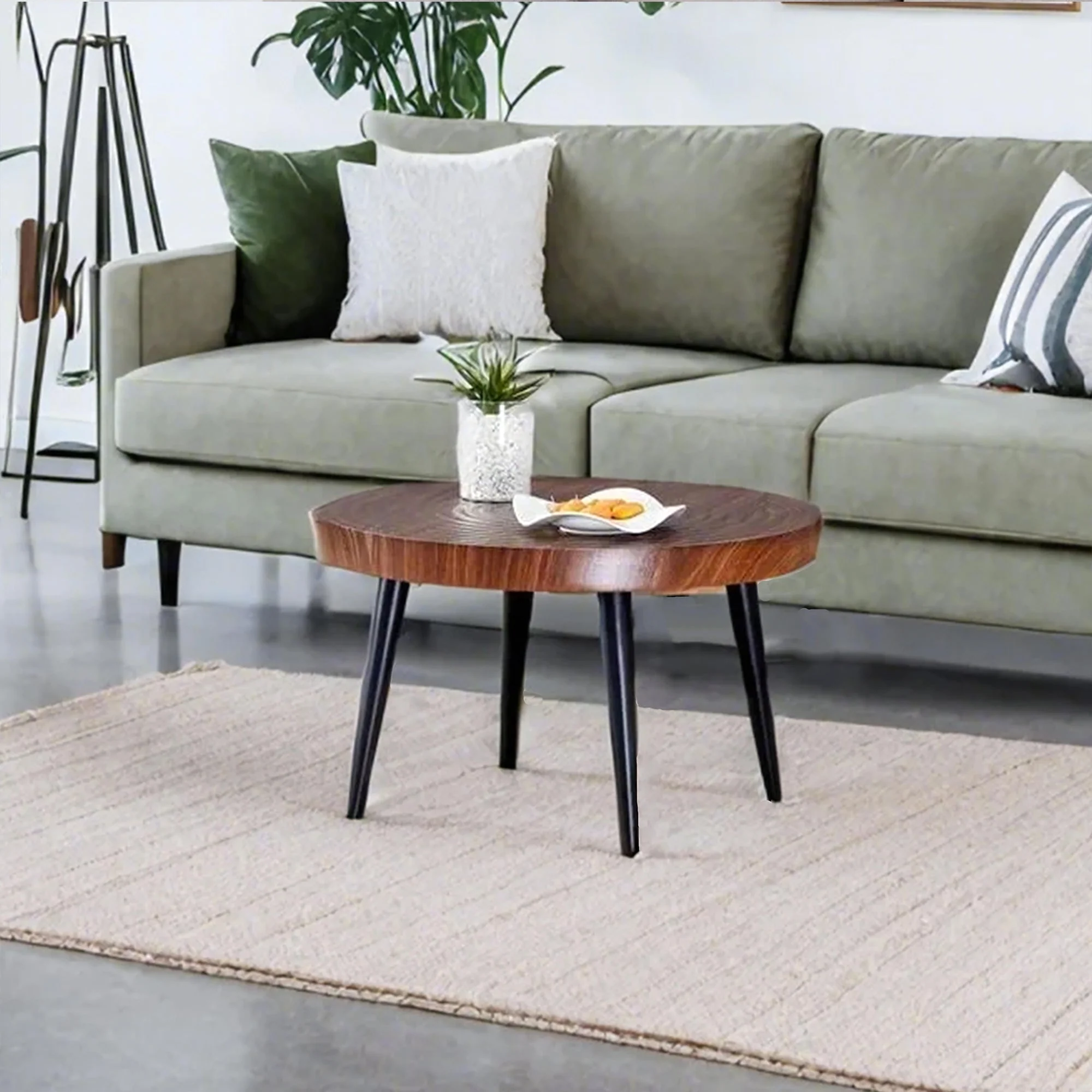 Modern Round Coffee Table - Walnut Pattern MDF And Black Metal Legs - Image 7