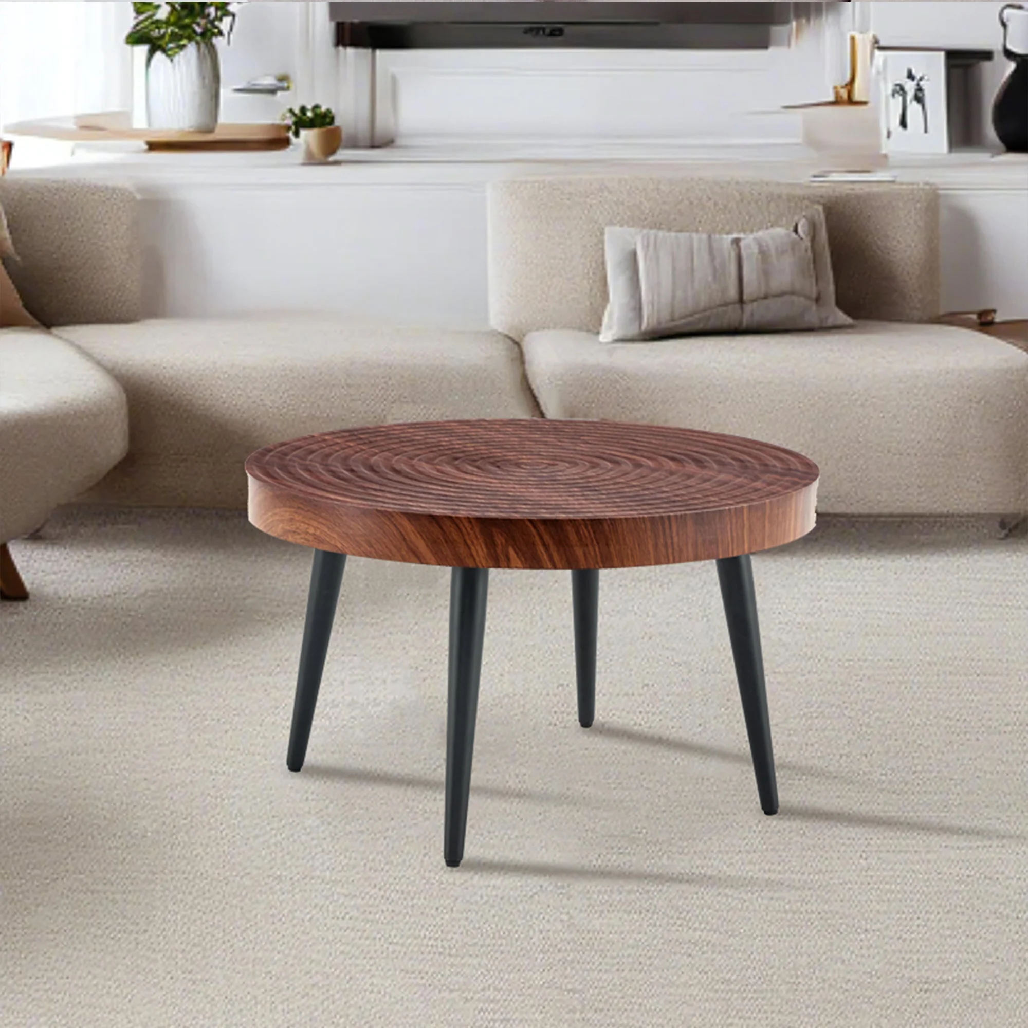 Modern Round Coffee Table - Walnut Pattern MDF And Black Metal Legs - Image 8