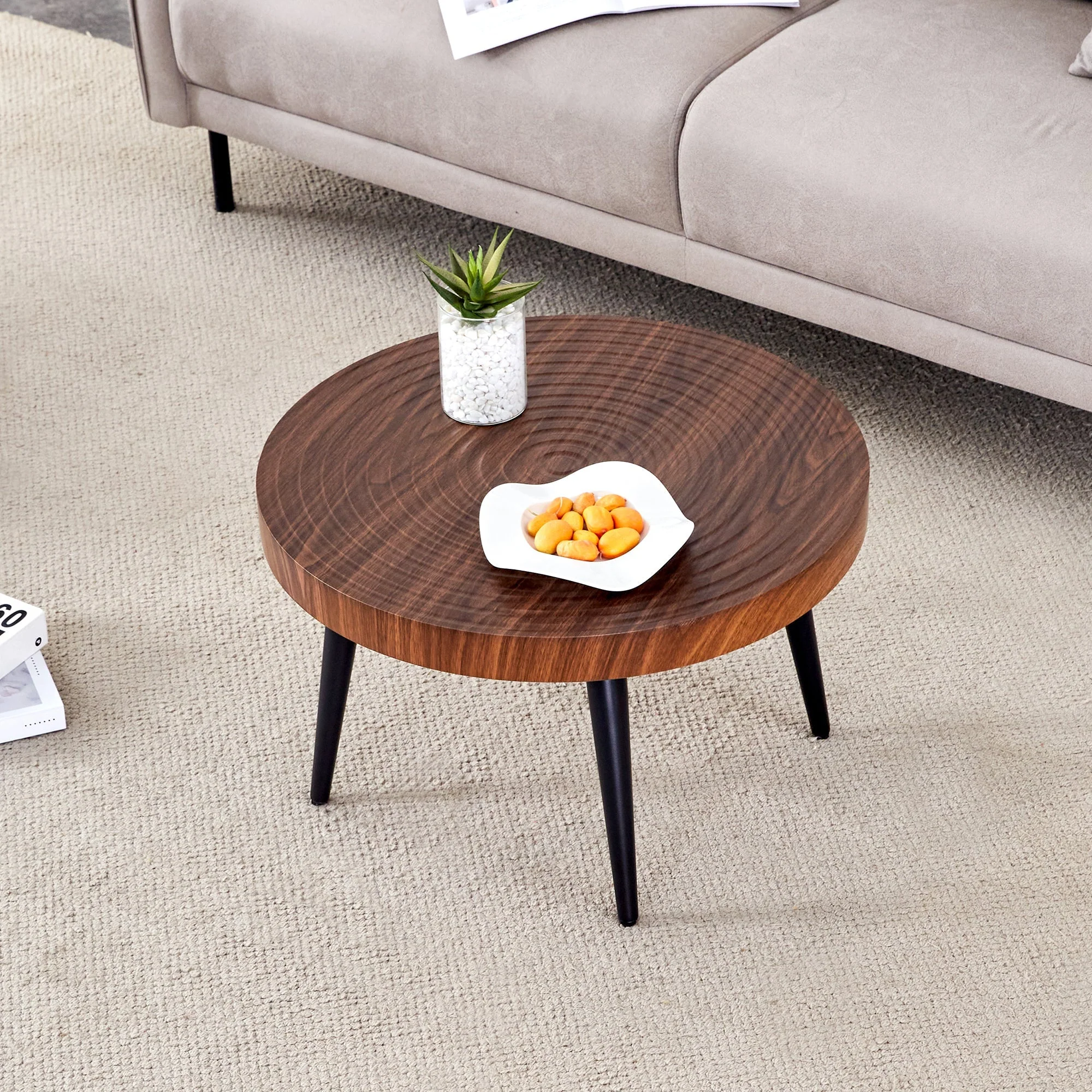 Modern Round Coffee Table - Walnut Pattern MDF And Black Metal Legs - Image 9