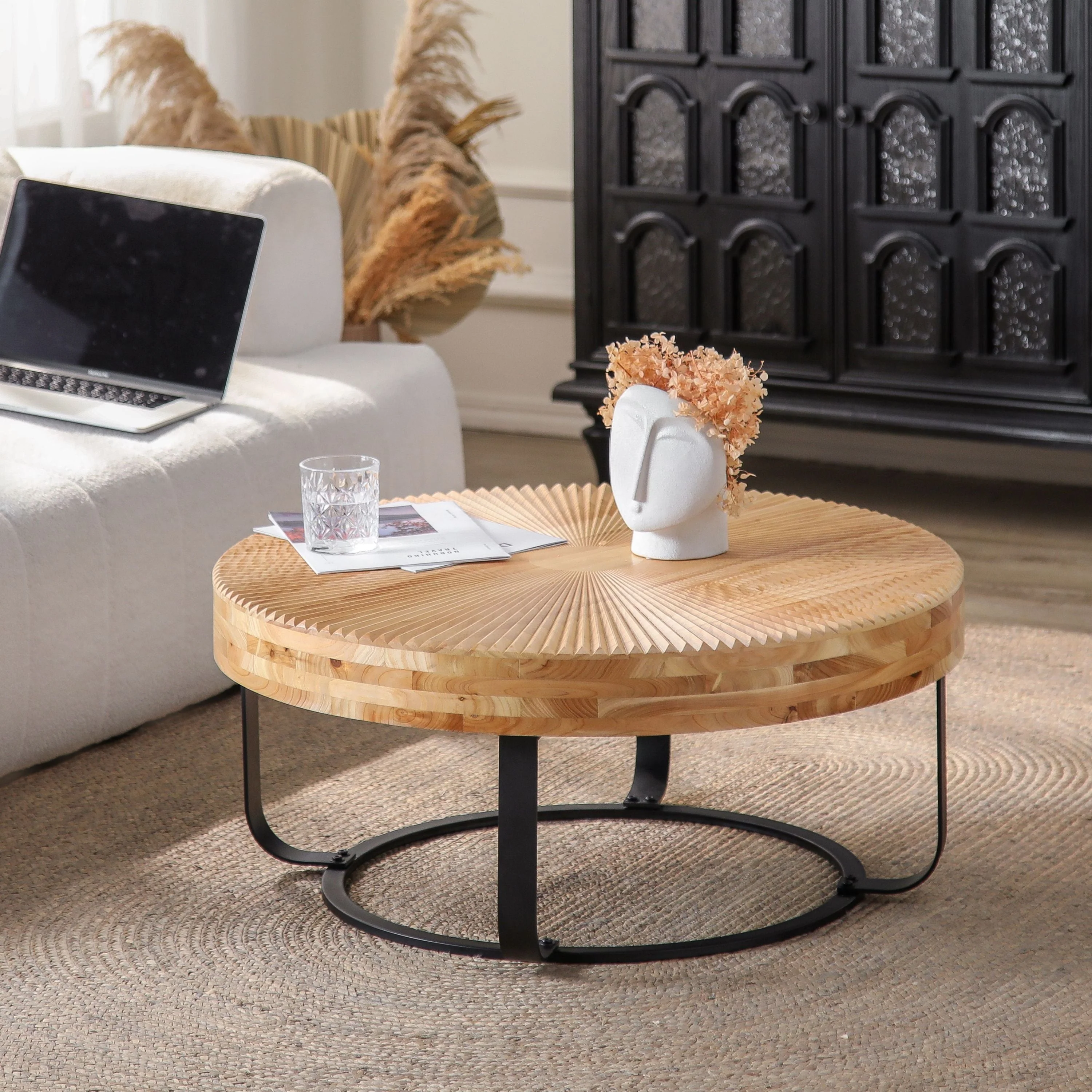 Modern Round Coffee Table with Wooden Carving Pattern and Metal Legs - Image 10