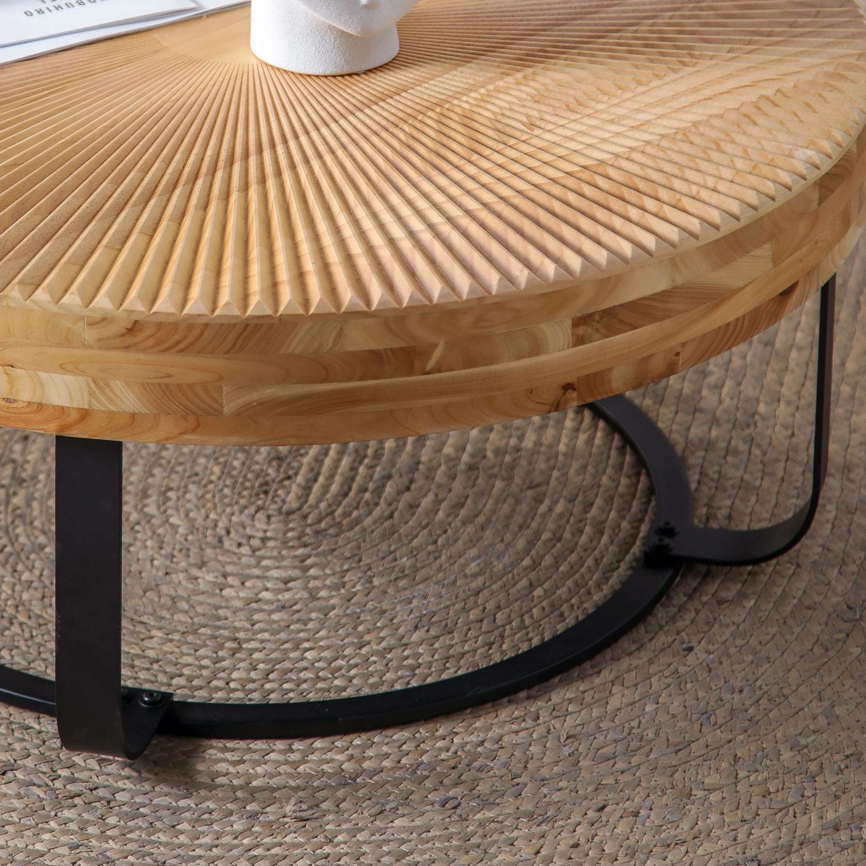Modern Round Coffee Table with Wooden Carving Pattern and Metal Legs - Image 12