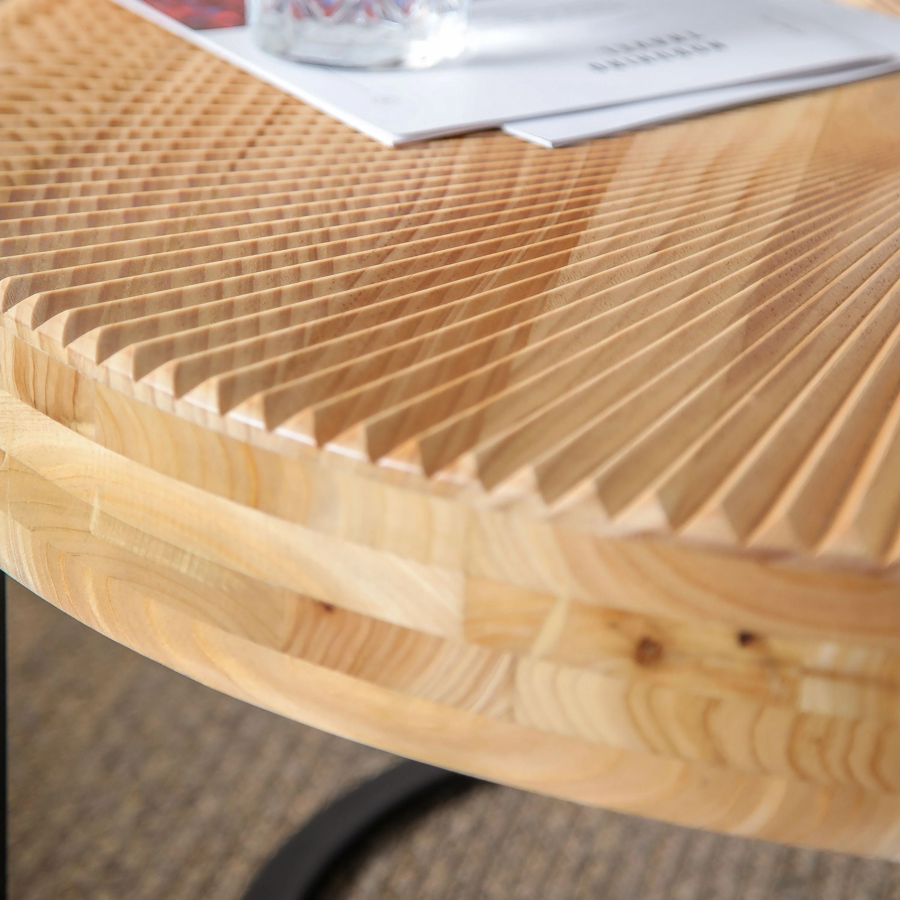 Modern Round Coffee Table with Wooden Carving Pattern and Metal Legs - Image 13