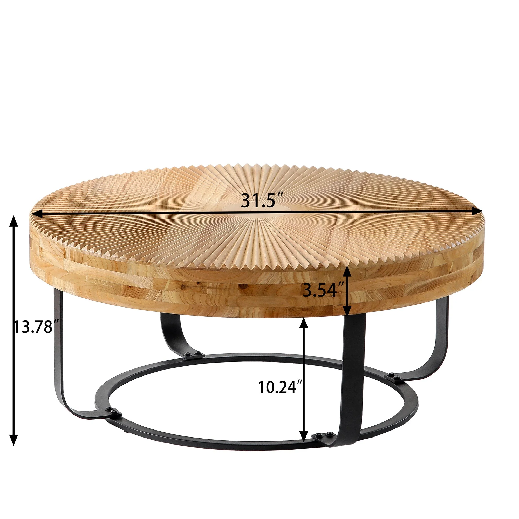 Modern Round Coffee Table with Wooden Carving Pattern and Metal Legs - Image 3