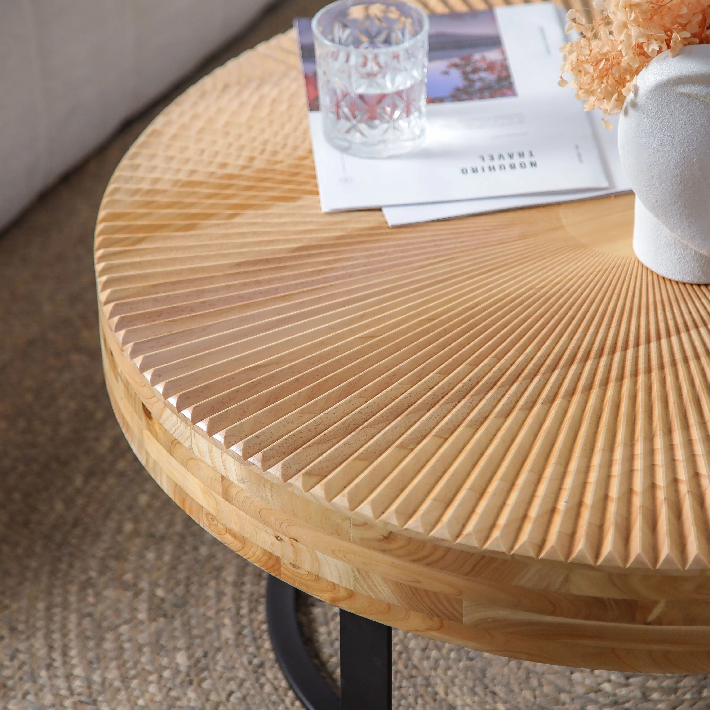 Modern Round Coffee Table with Wooden Carving Pattern and Metal Legs - Image 4