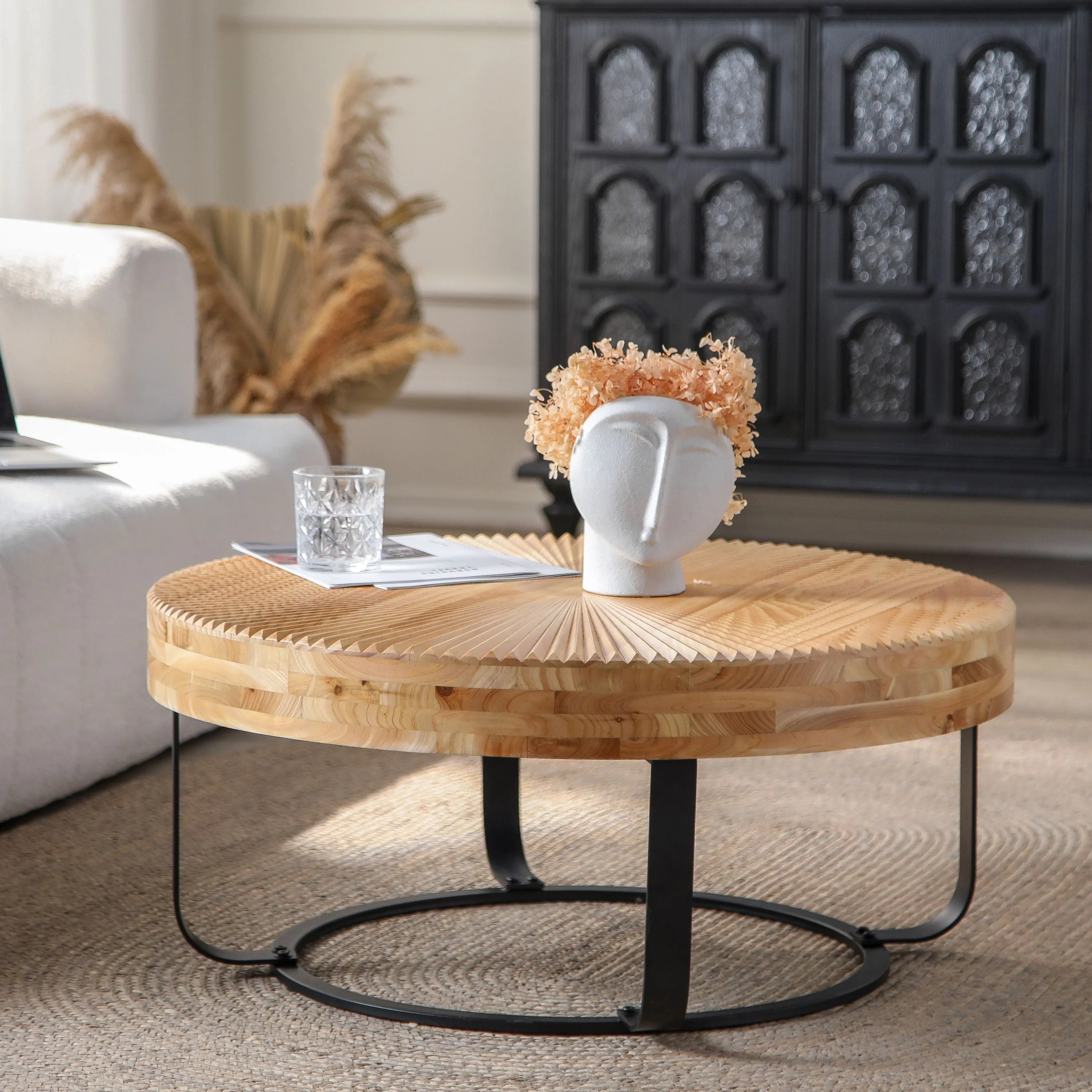 Modern Round Coffee Table with Wooden Carving Pattern and Metal Legs - Image 5