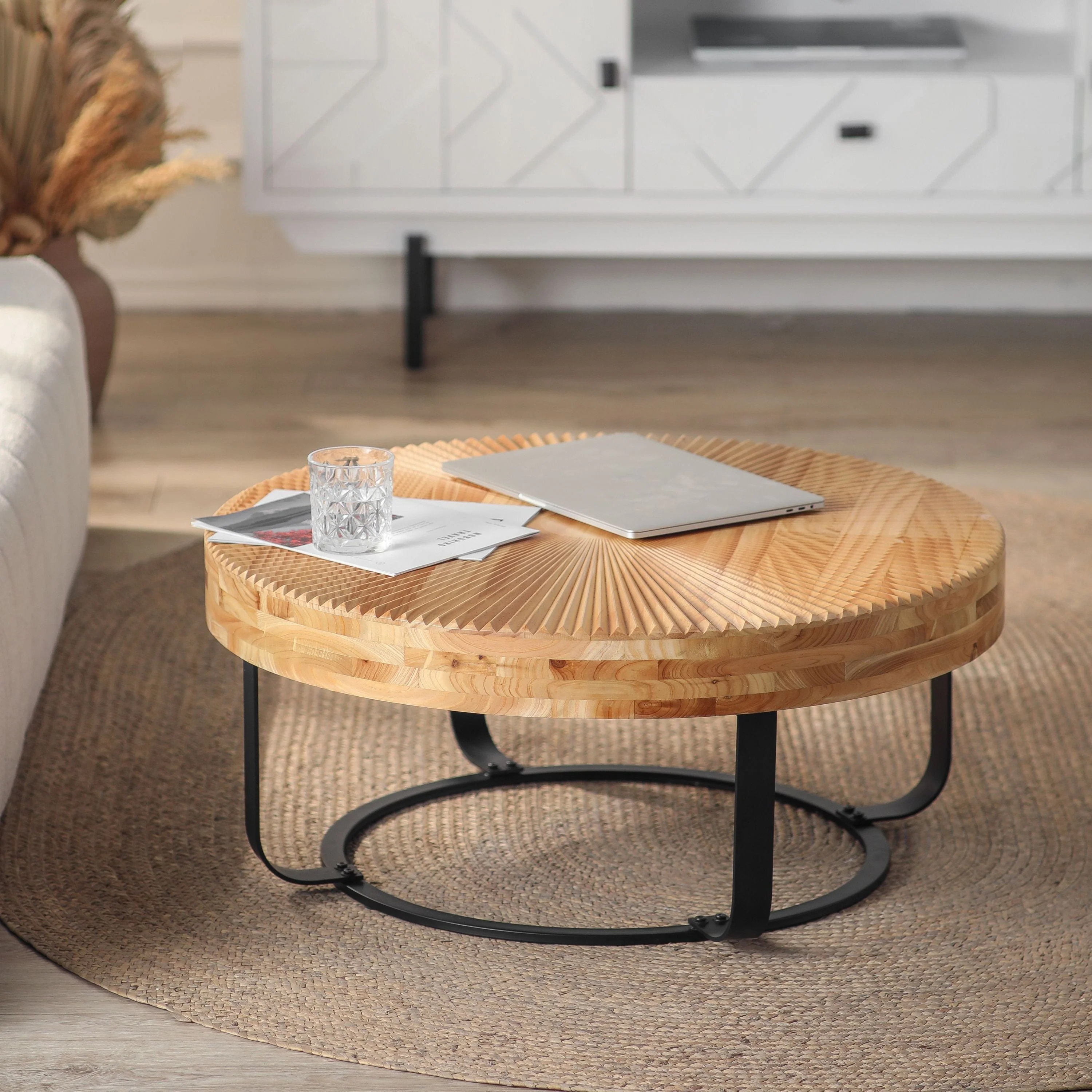 Modern Round Coffee Table with Wooden Carving Pattern and Metal Legs - Image 6