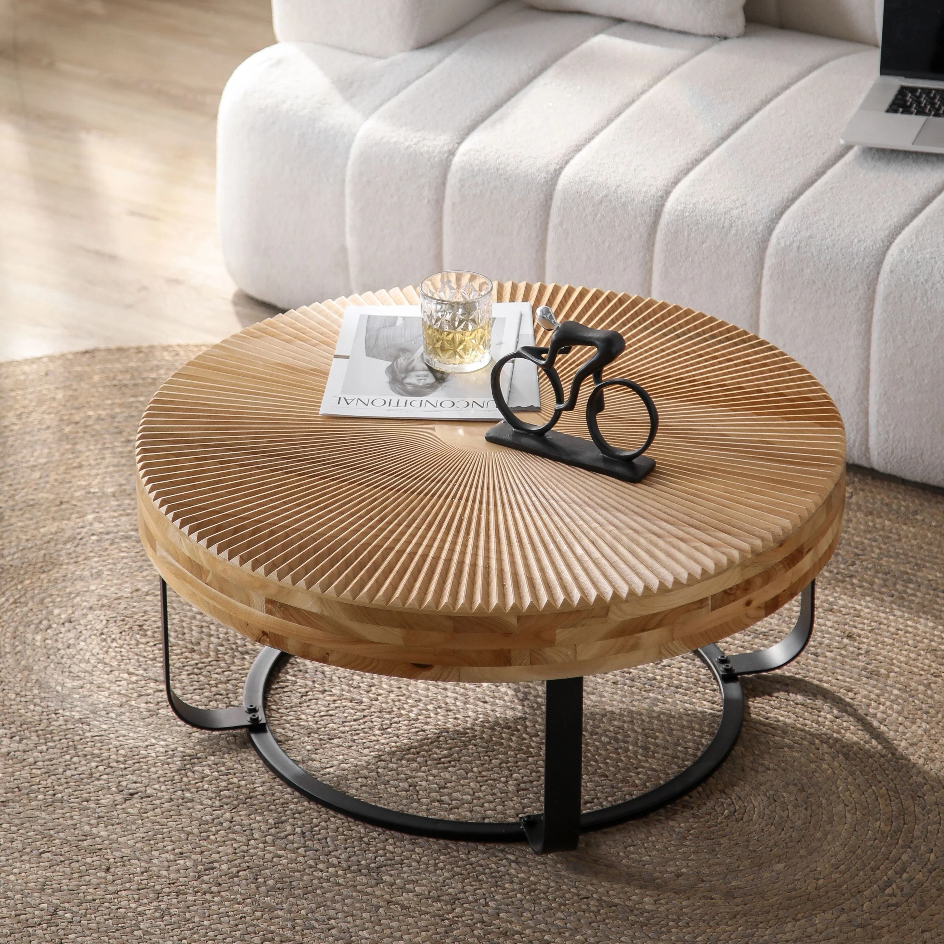 Modern Round Coffee Table with Wooden Carving Pattern and Metal Legs - Image 7