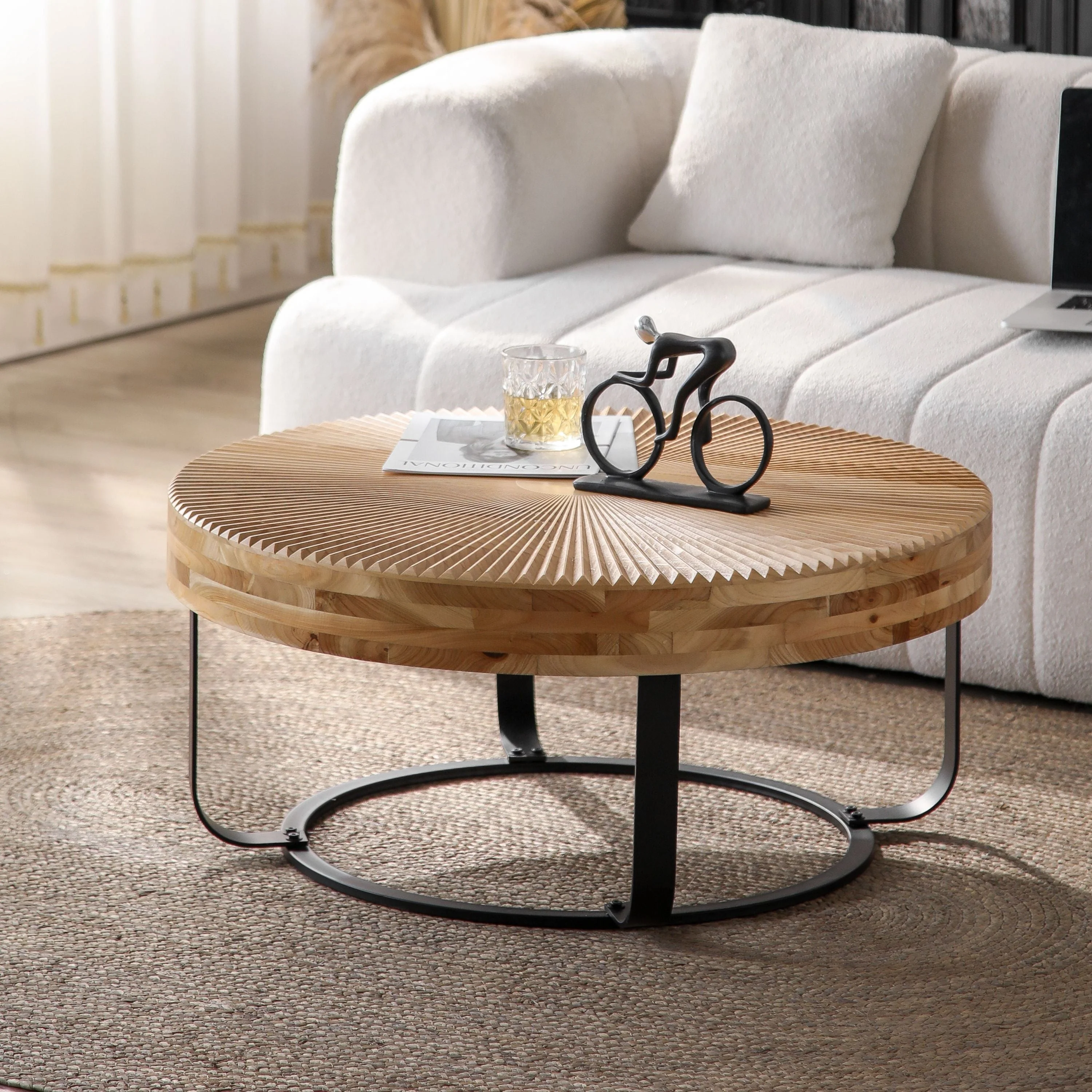 Modern Round Coffee Table with Wooden Carving Pattern and Metal Legs - Image 8