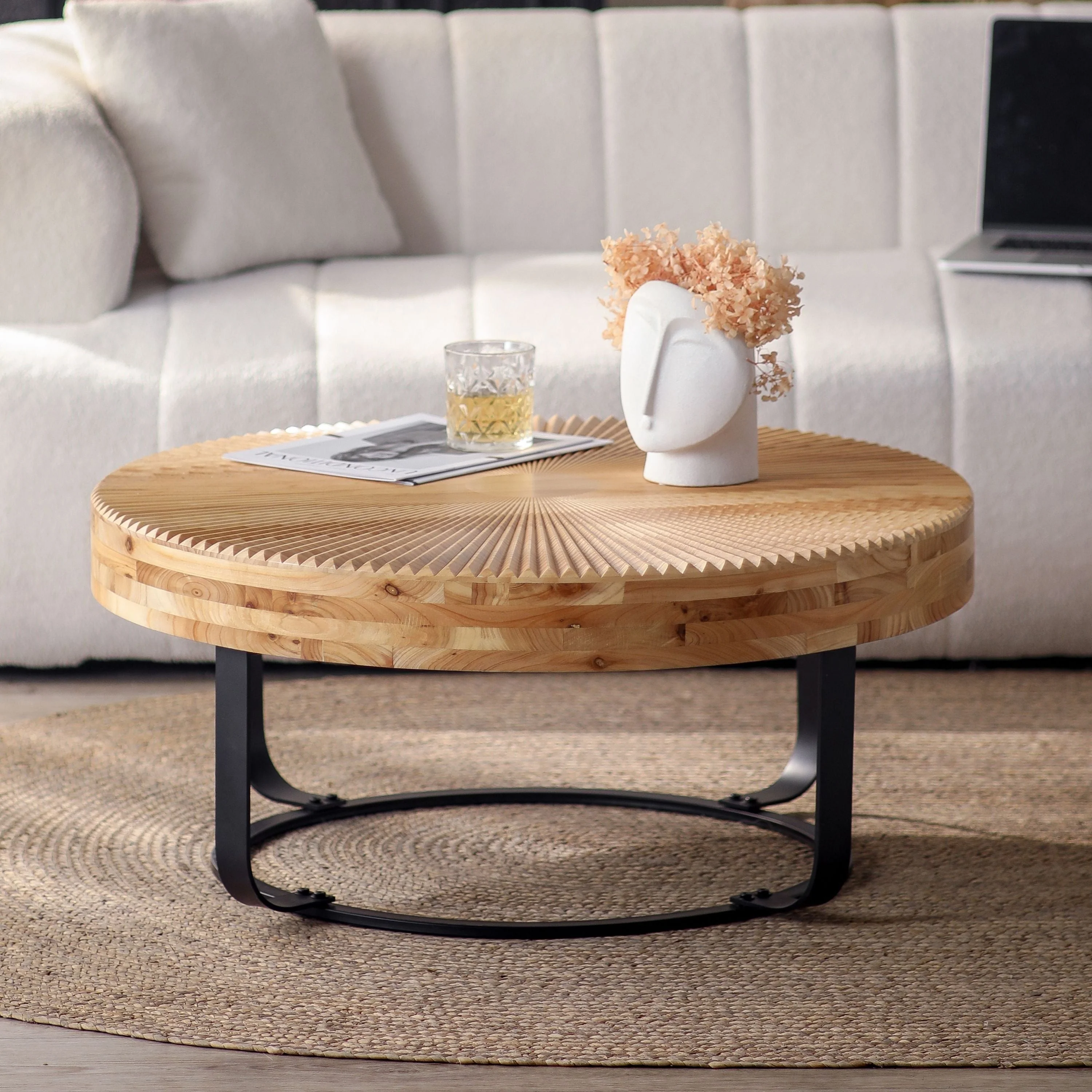 Modern Round Coffee Table with Wooden Carving Pattern and Metal Legs - Image 9