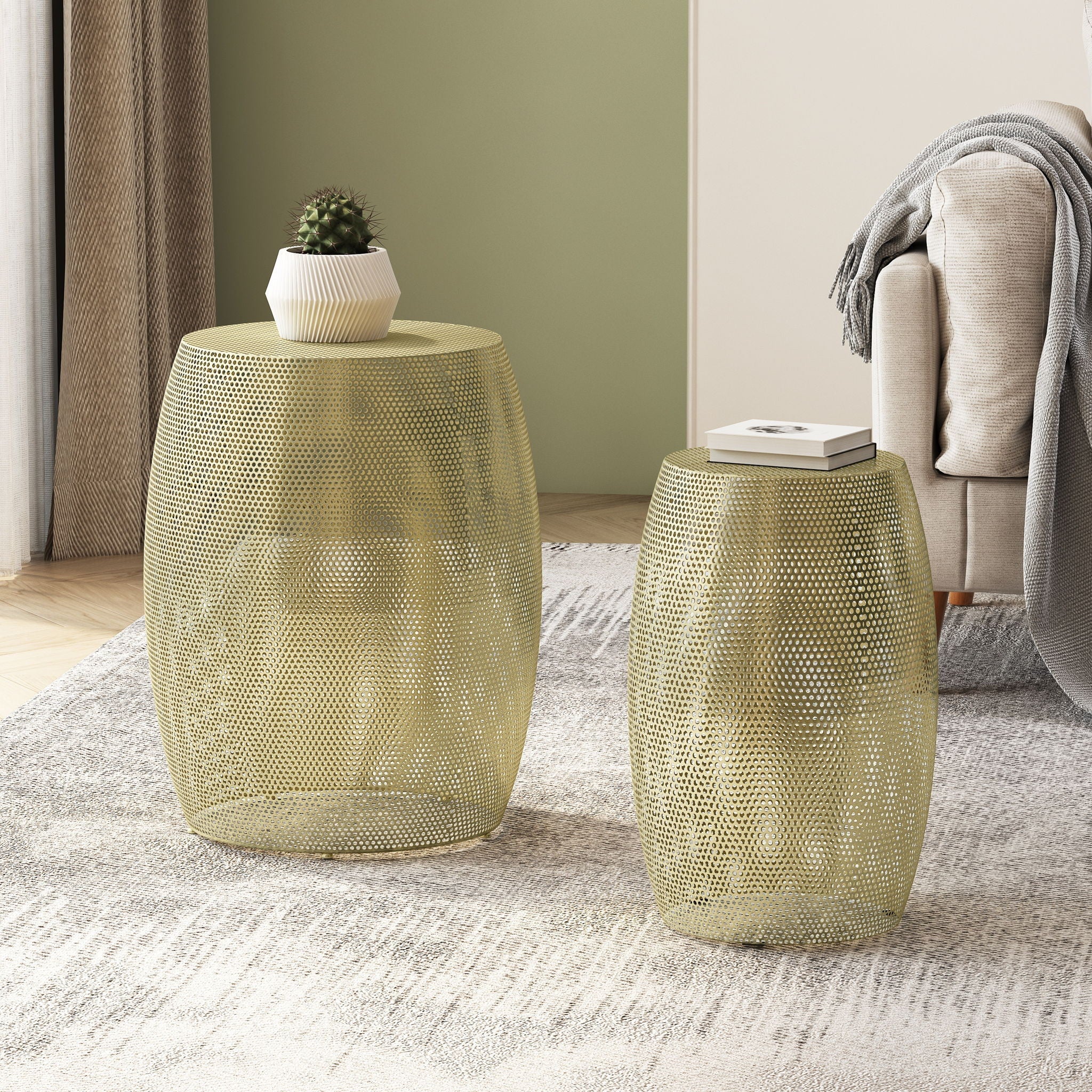 Modern Round Metal Hollow Side Table Set with Openwork Design - Gold - Image 3