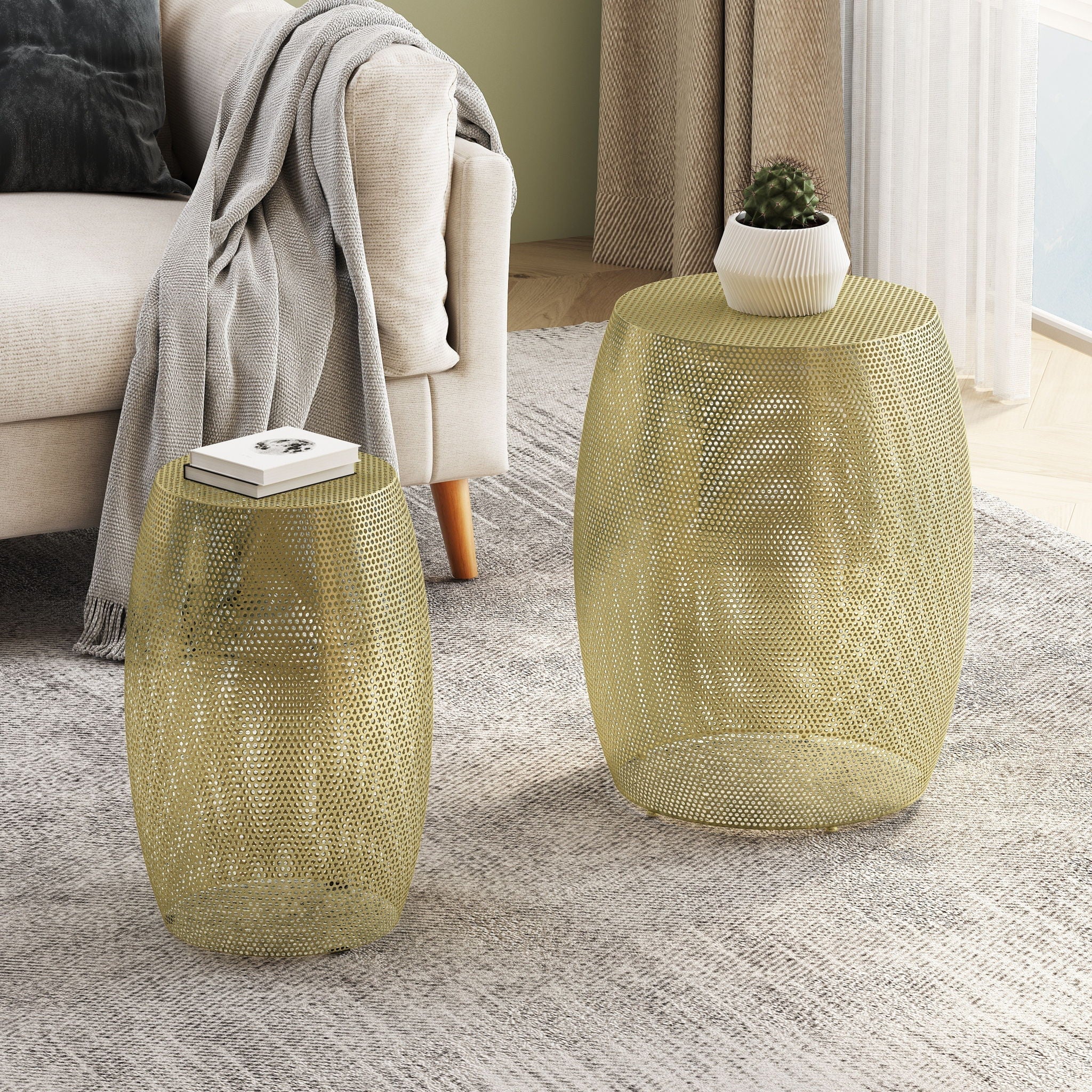 Modern Round Metal Hollow Side Table Set with Openwork Design - Gold - Image 4