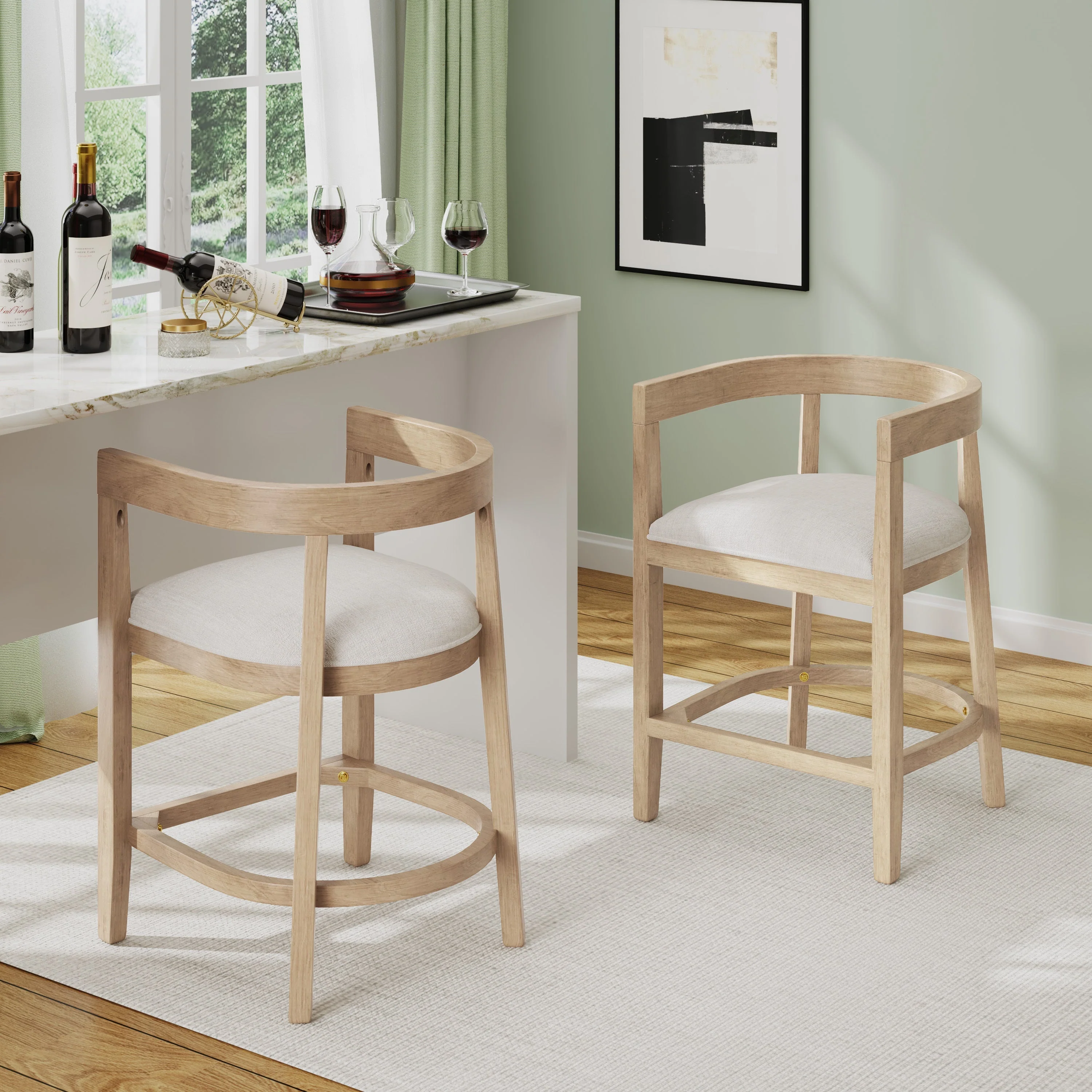 Modern Rubberwood Counter Stool Set of 2 with Upholstered Seats - Image 2