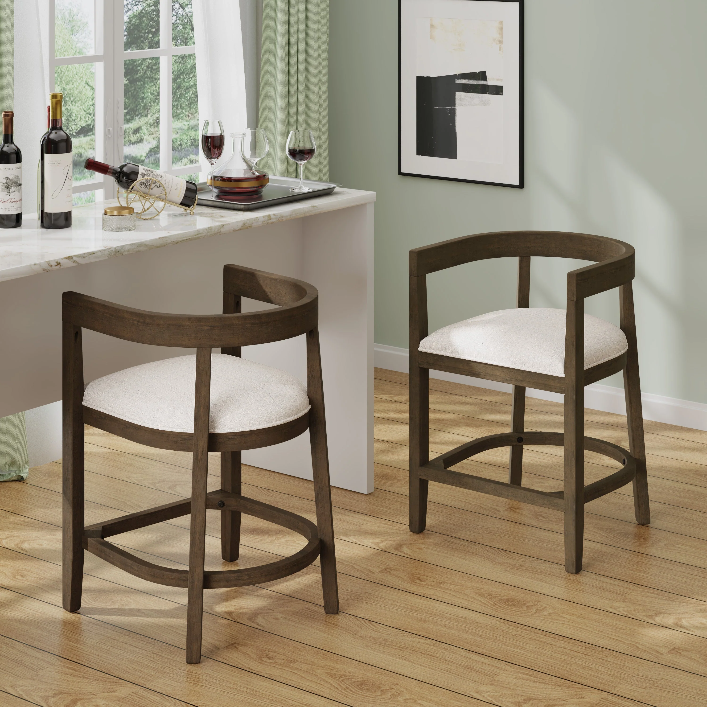 Modern Rubberwood Counter Stool Set with Upholstered Seats - Image 2