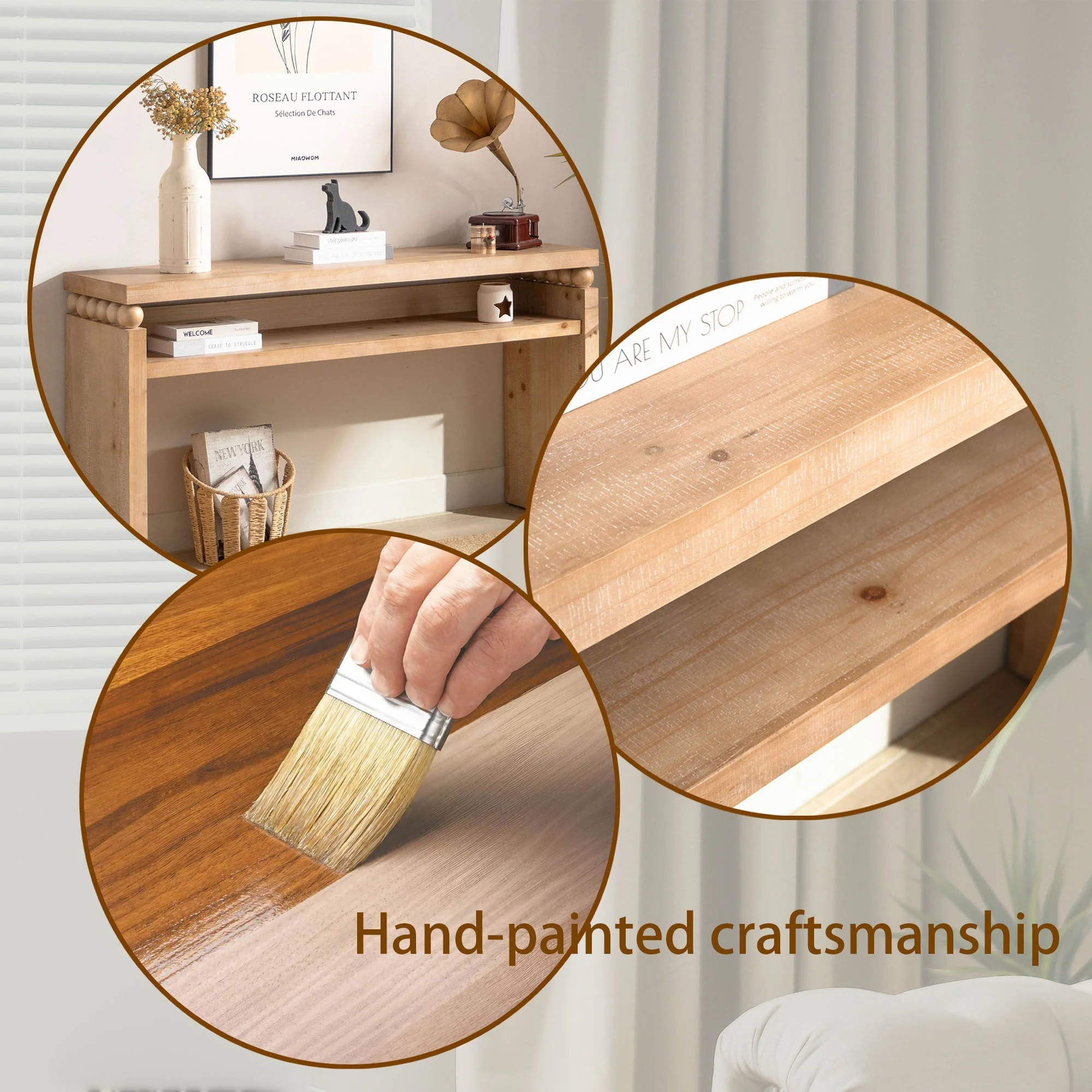 Modern Rustic Console Table – 59” Wood Entryway Table with Shelf & Decorative Bead Detail - Image 14