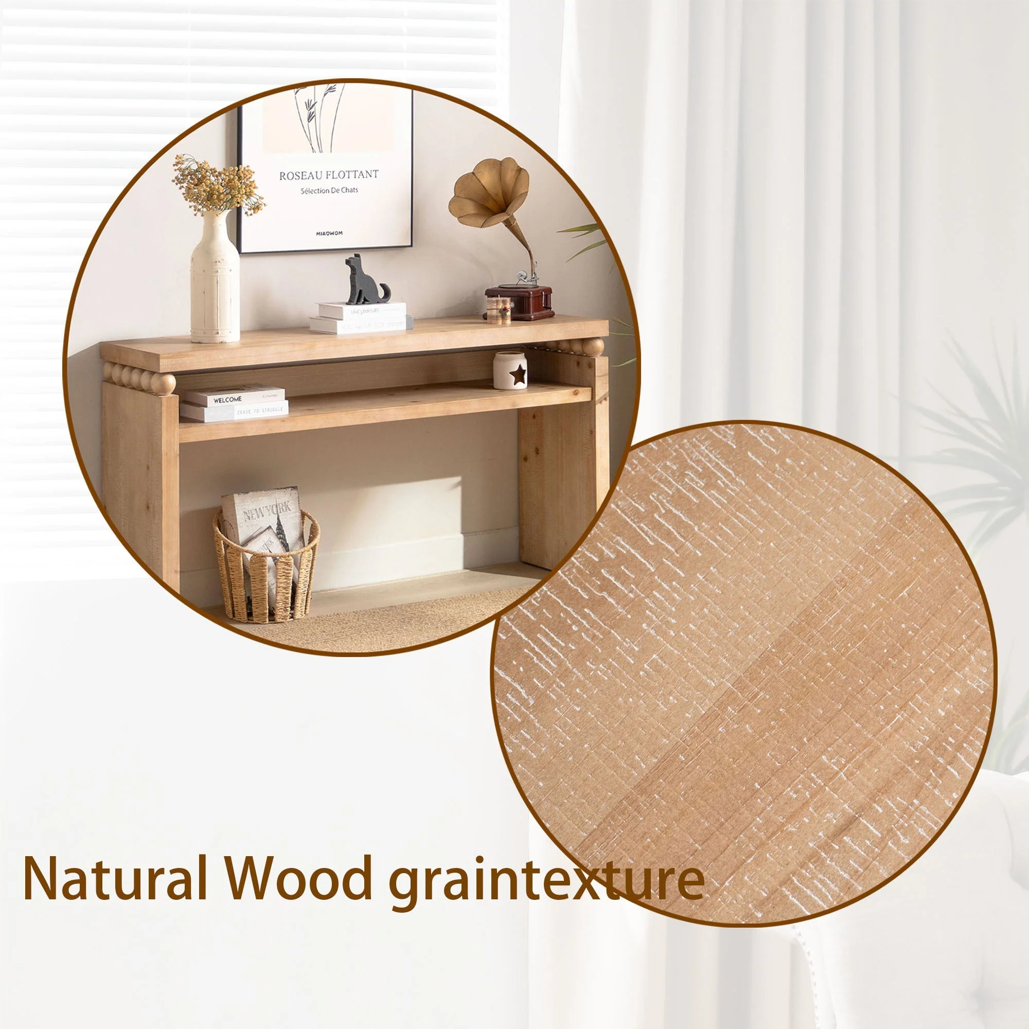 Modern Rustic Console Table – 59” Wood Entryway Table with Shelf & Decorative Bead Detail - Image 15
