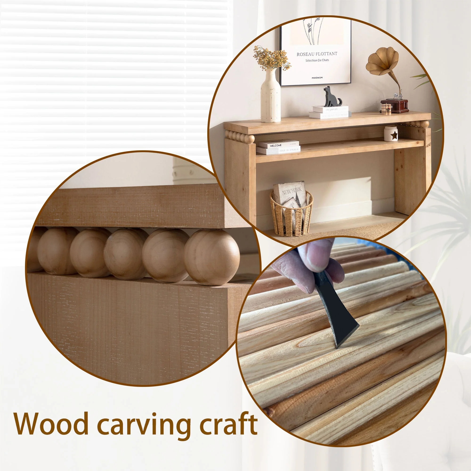 Modern Rustic Console Table – 59” Wood Entryway Table with Shelf & Decorative Bead Detail - Image 16