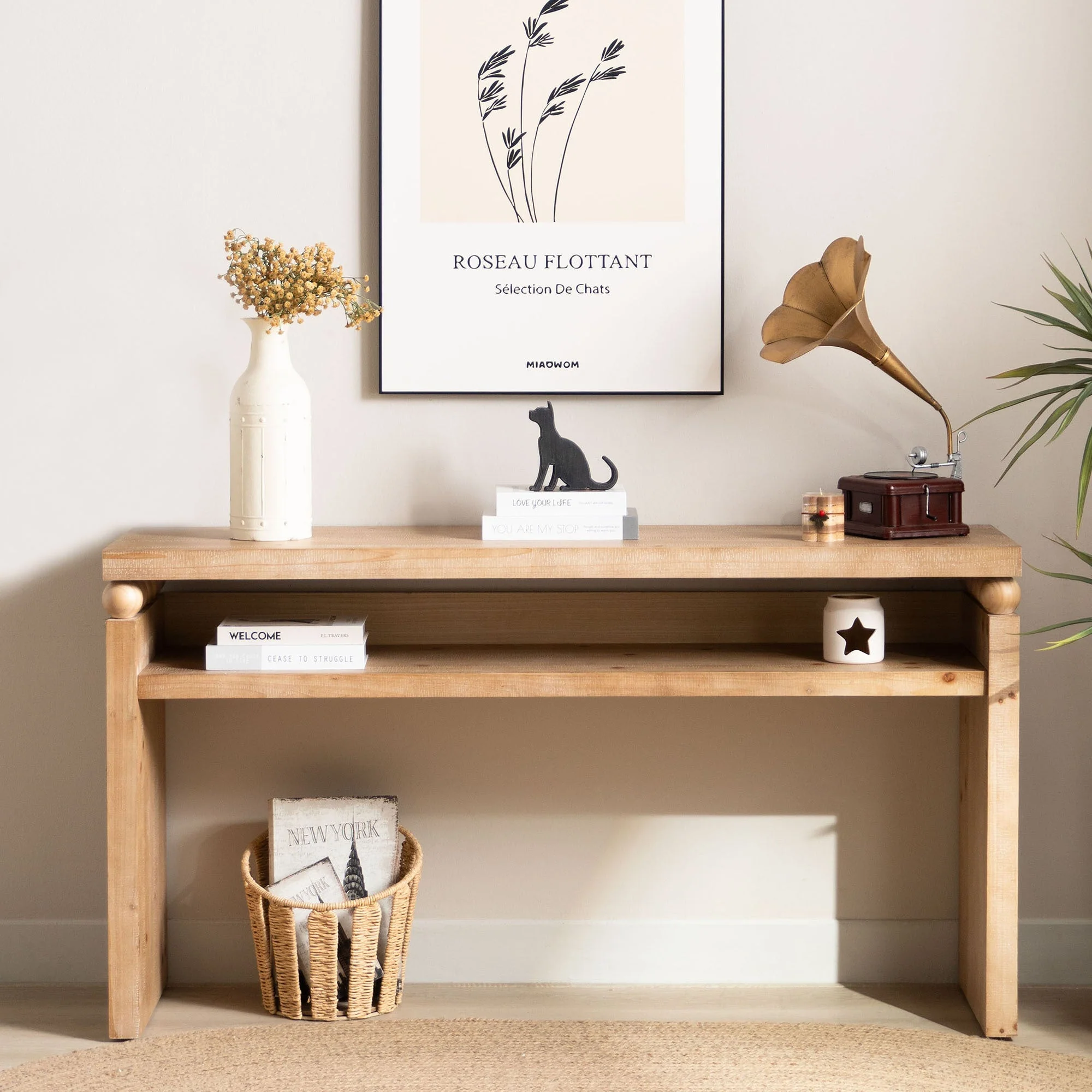 Modern Rustic Console Table – 59” Wood Entryway Table with Shelf & Decorative Bead Detail - Image 2