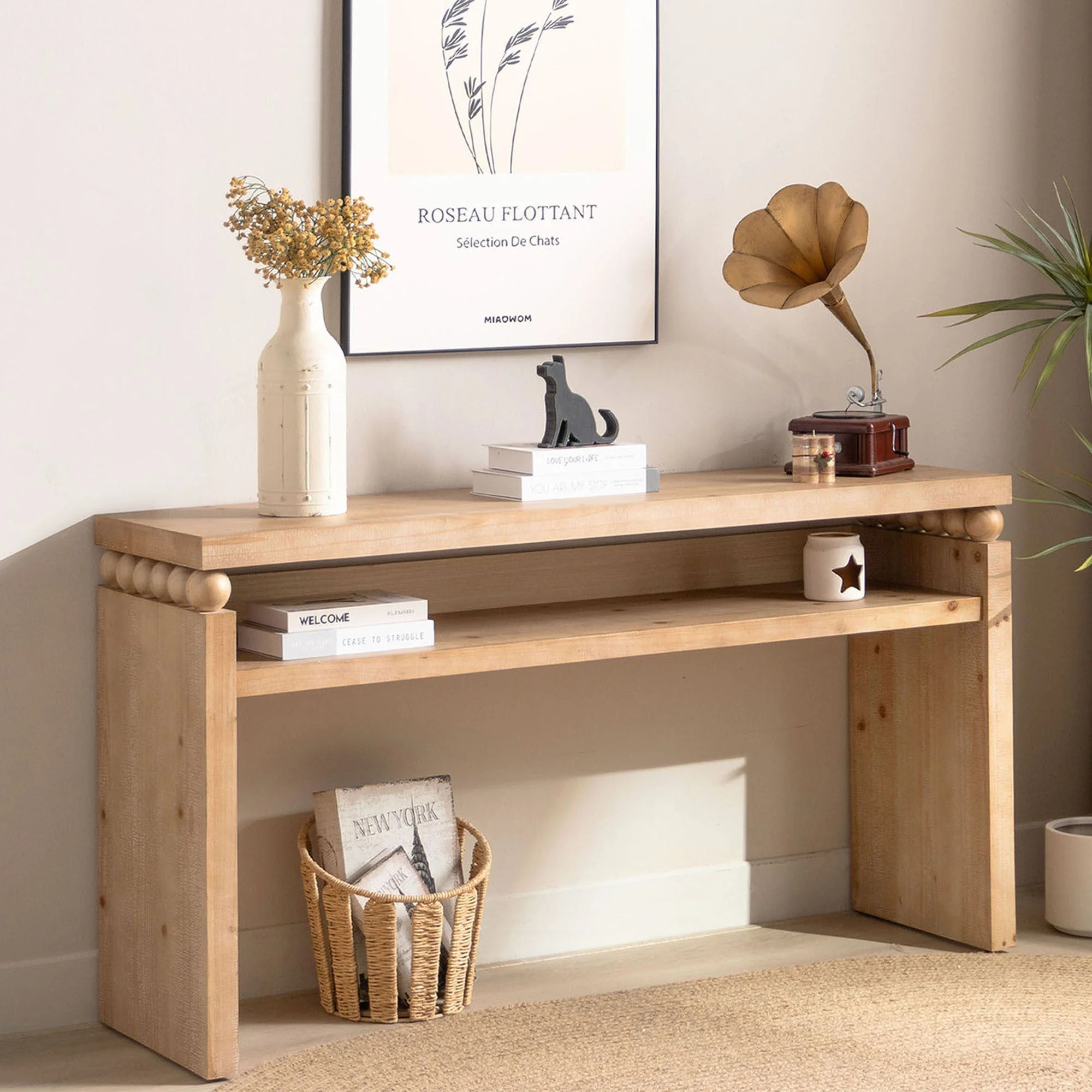 Modern Rustic Console Table – 59” Wood Entryway Table with Shelf & Decorative Bead Detail - Image 4